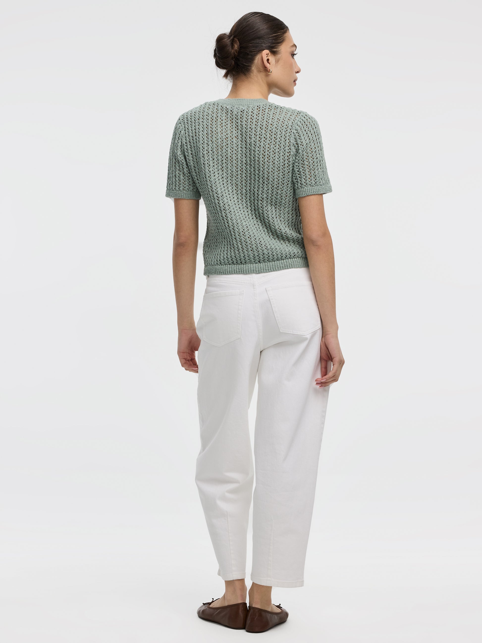 Short-Sleeve Crew-Neck Cardigan with Pointelle Stitches