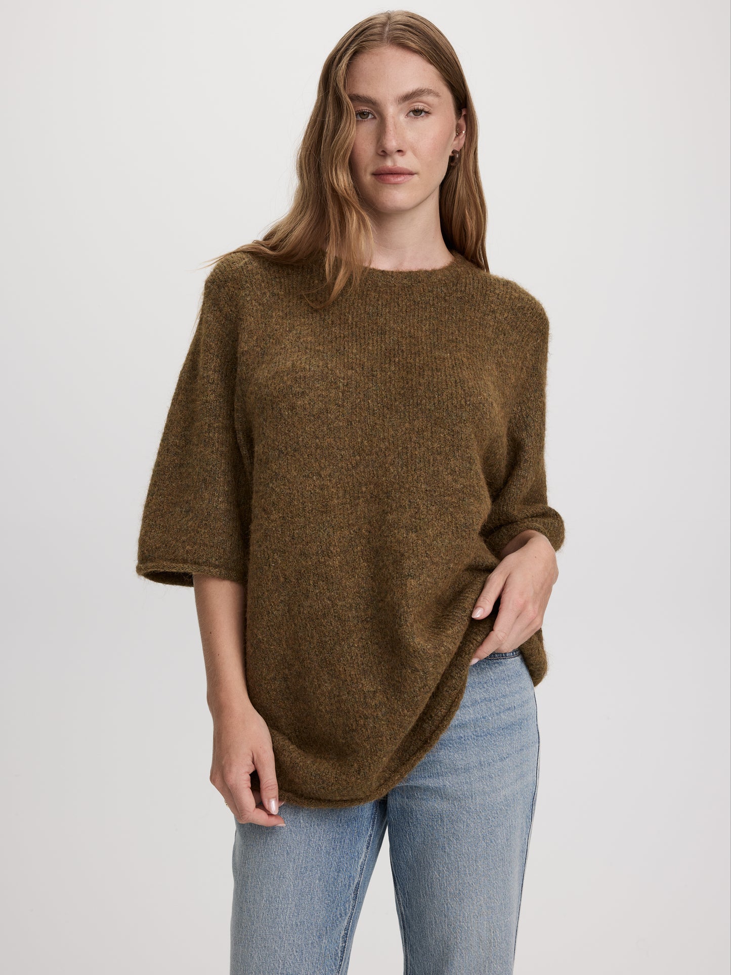 Elbow-Sleeve Crew-Neck Boxy Sweater