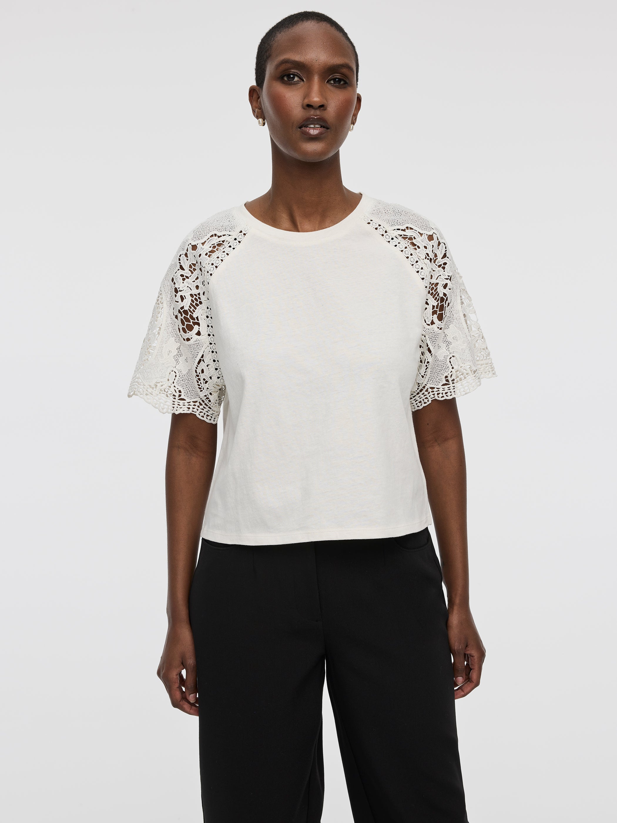 Crew-Neck Mix-Media T-Shirt with Short Puffy Sleeves