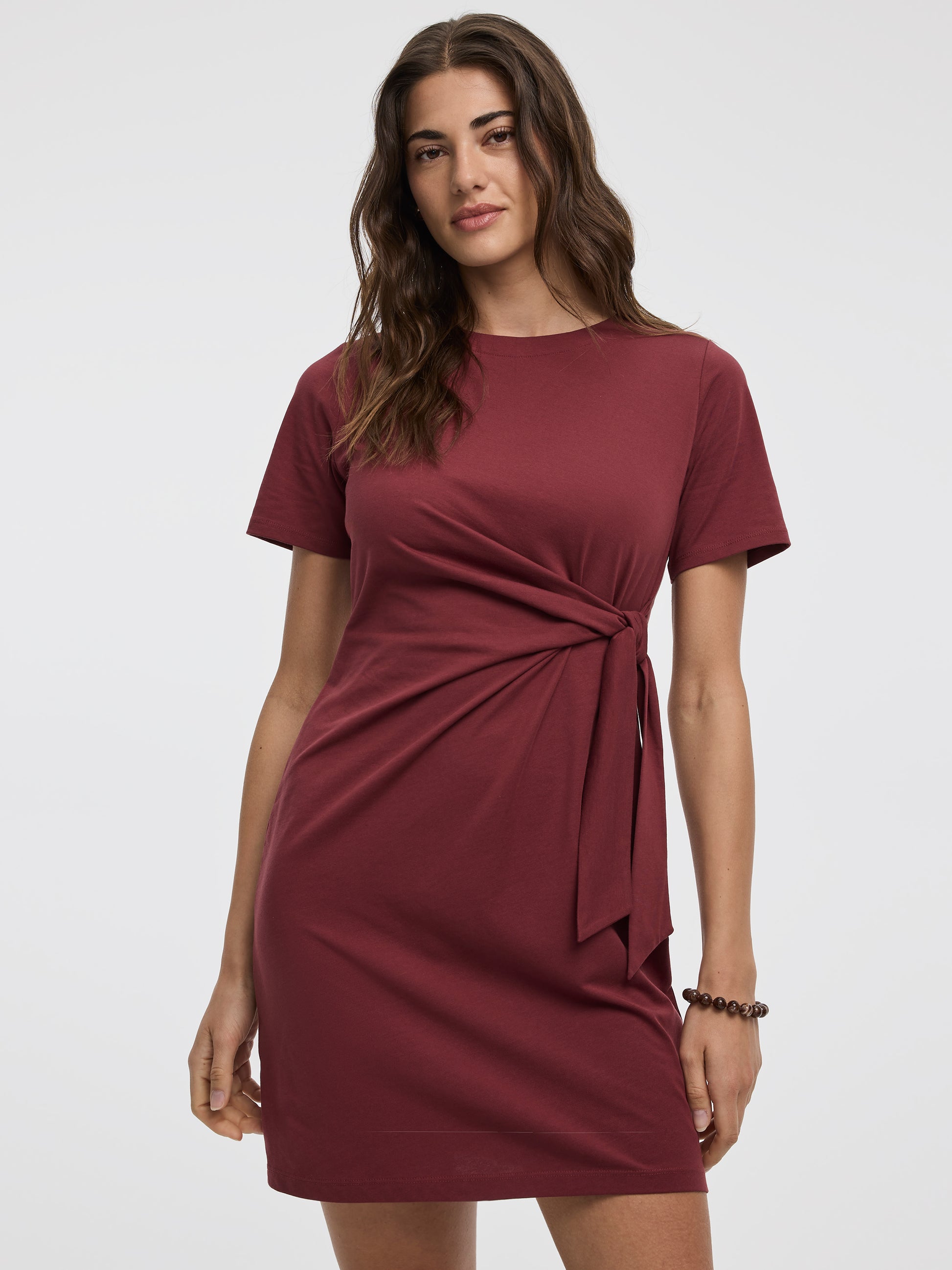 Short-Sleeve Fitted Dress with Knot Detail