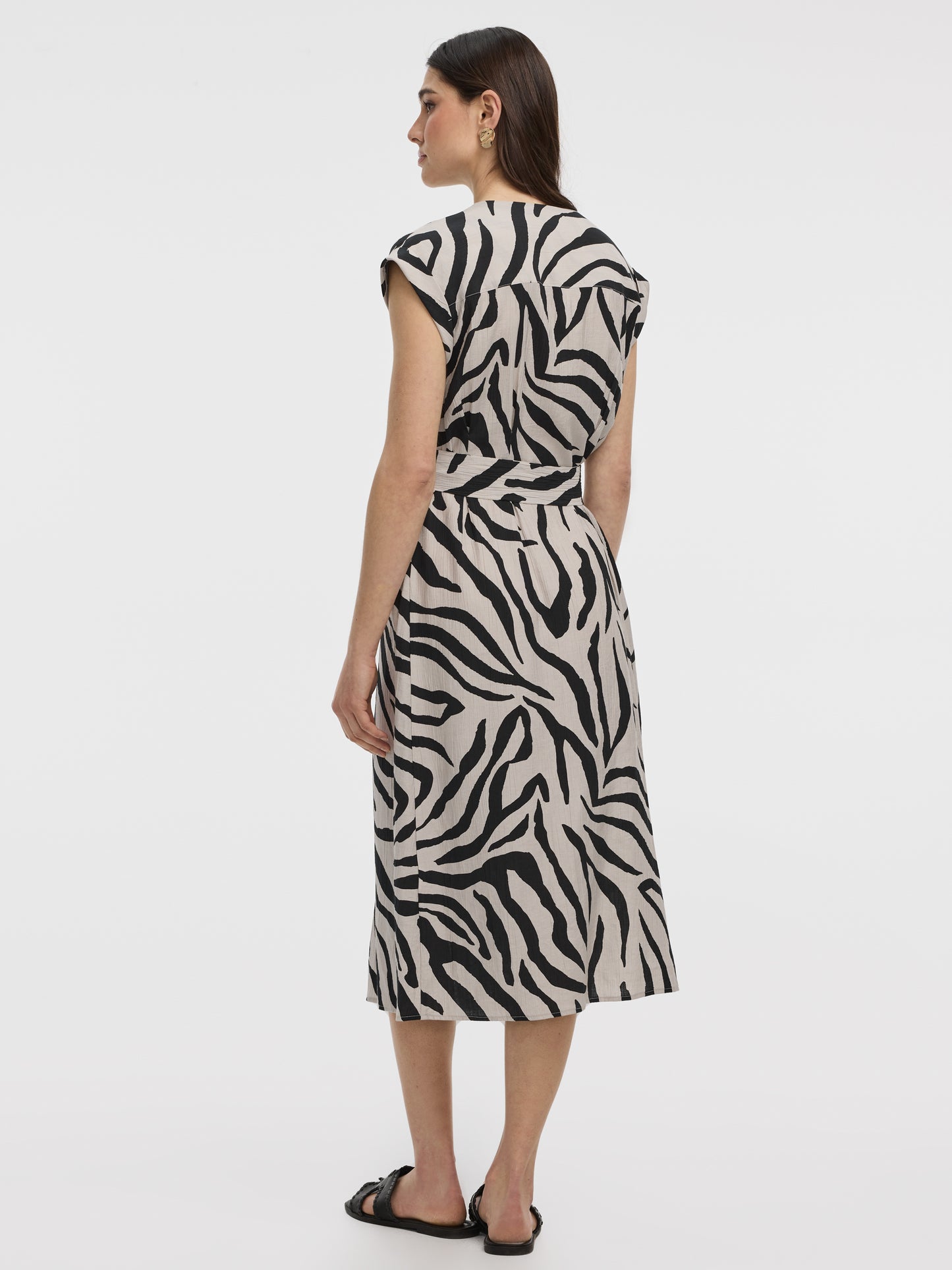 Extended-Sleeve V-Neck Belted Dress