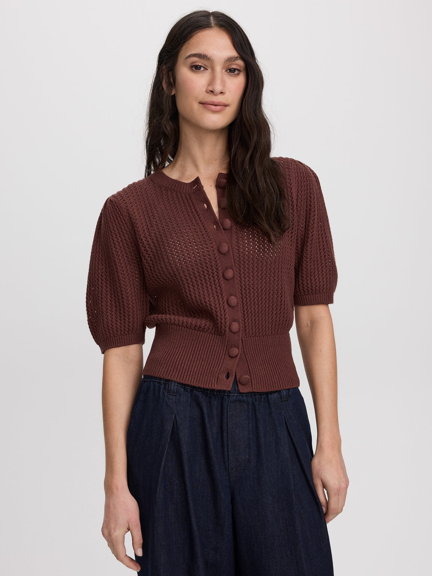 Short-Sleeve Crew-Neck Cardigan with Pointelle Stitches