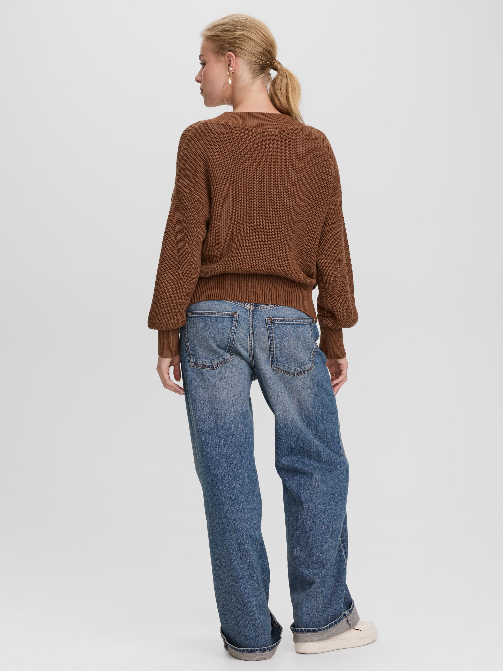 Long-Sleeve V-Neck Sweater with Half-Cardigan Stitches