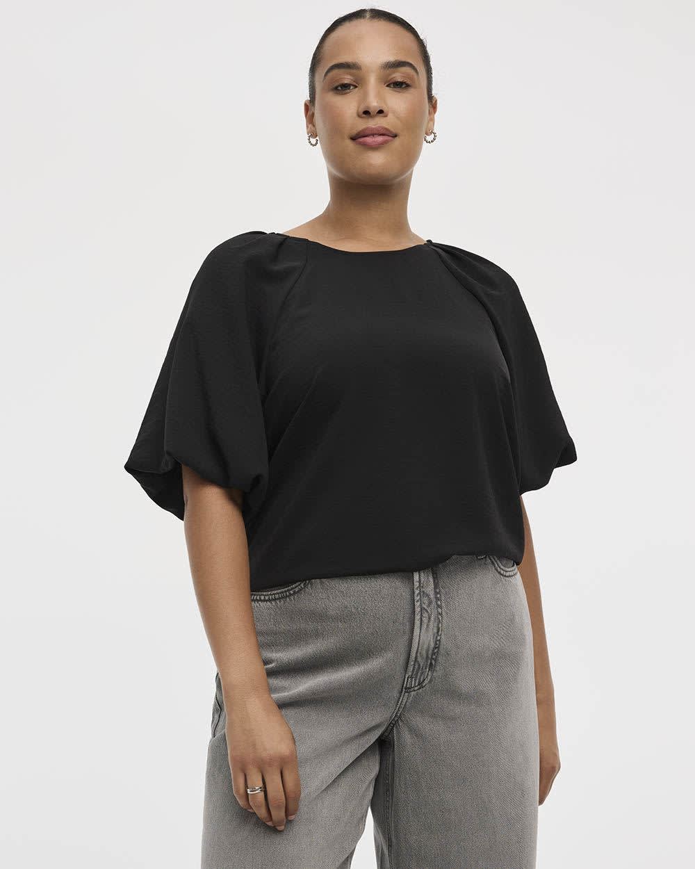 Short-Bubble-Sleeve Crew-Neck Blouse