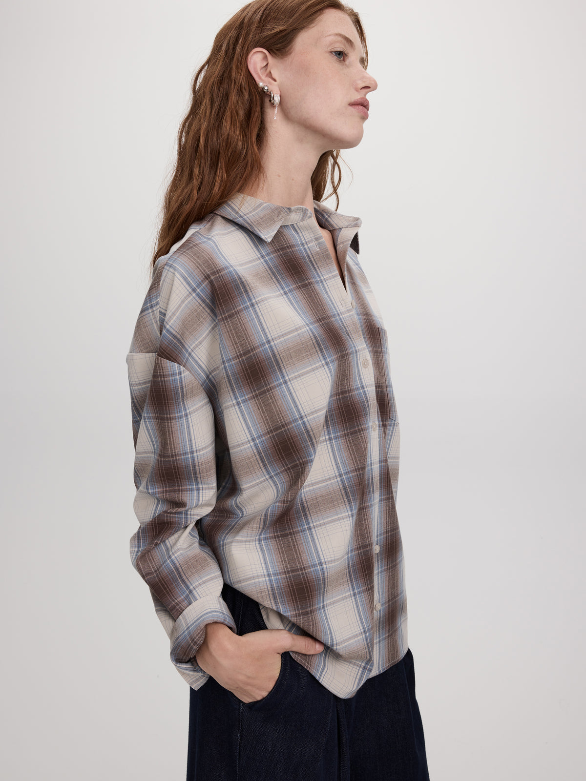 Loose Plaid Blouse with Pocket