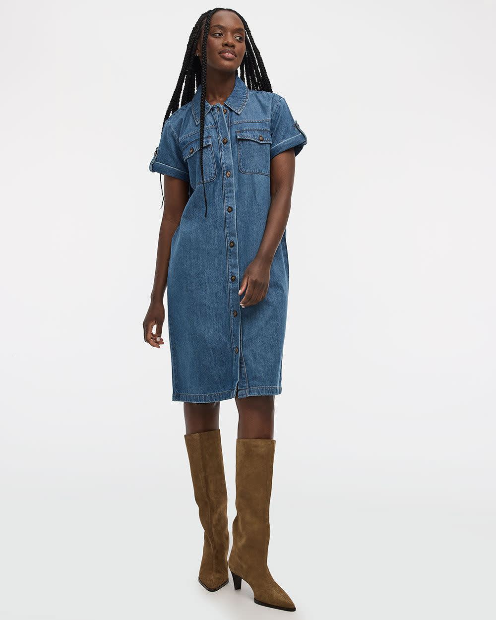 Short-Sleeve Buttoned-Down Denim Dress