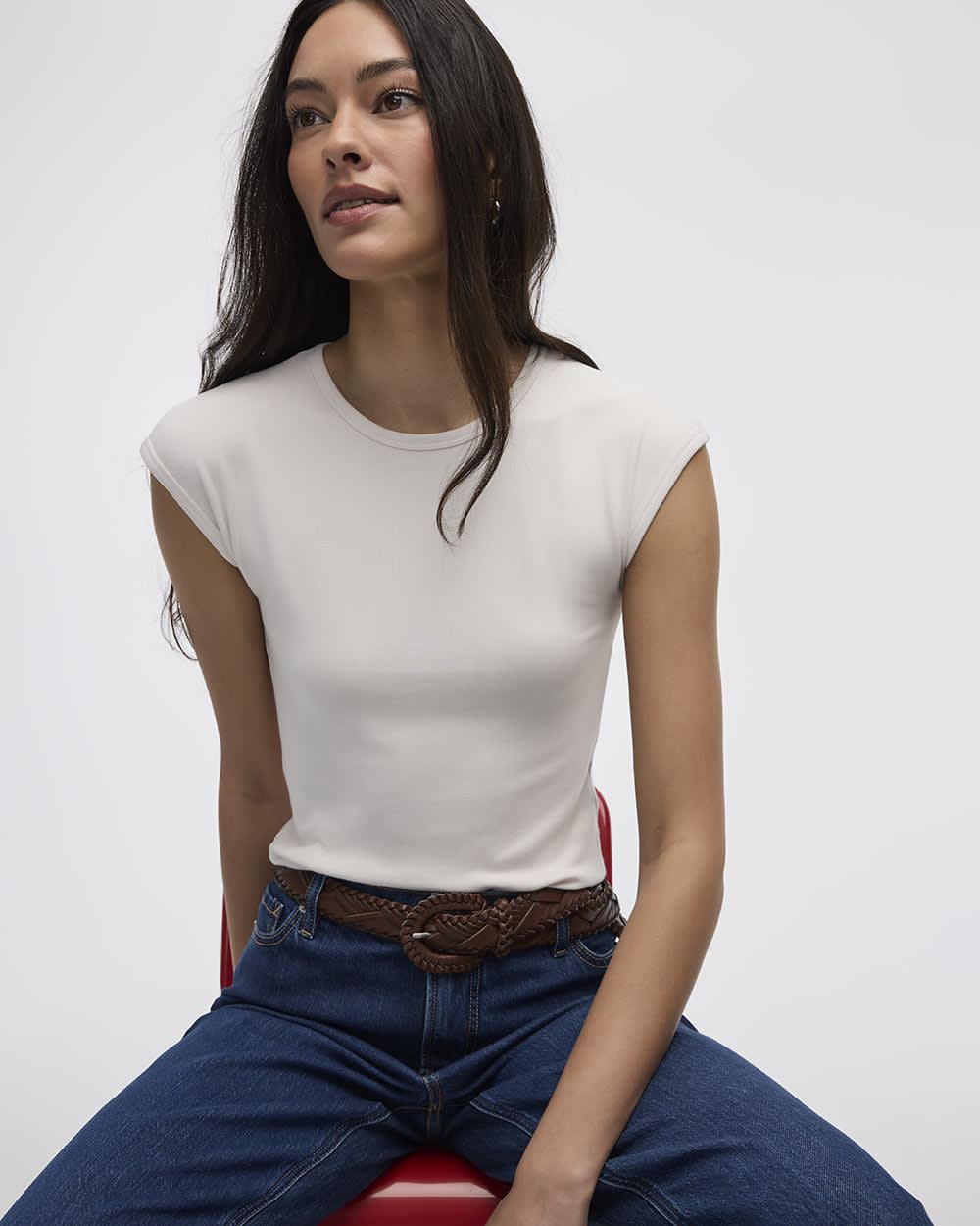 Extended-Sleeve Crew-Neck Ribbed Top