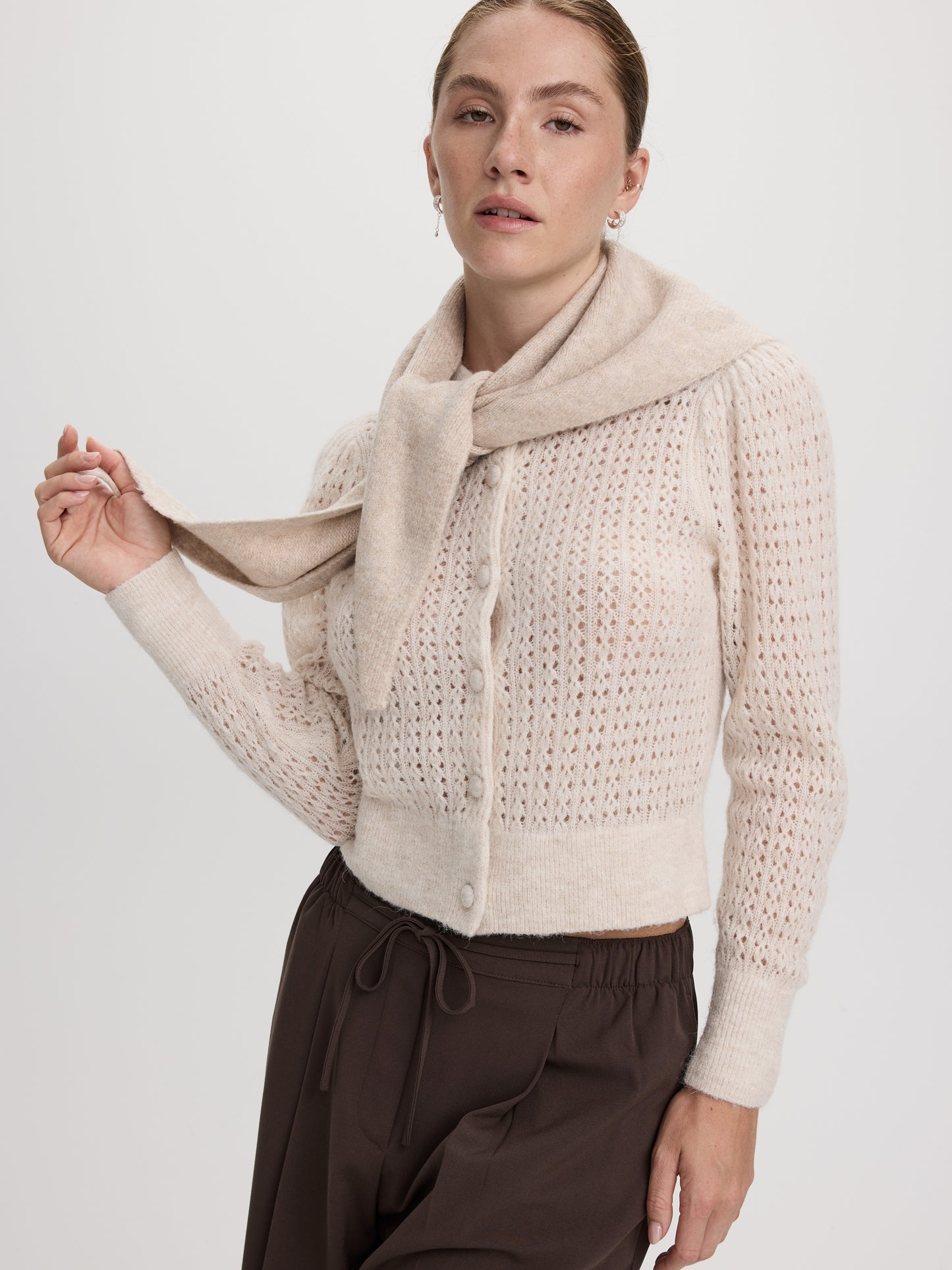 Long-Sleeve Crew-Neck Cardigan with Open Stitches