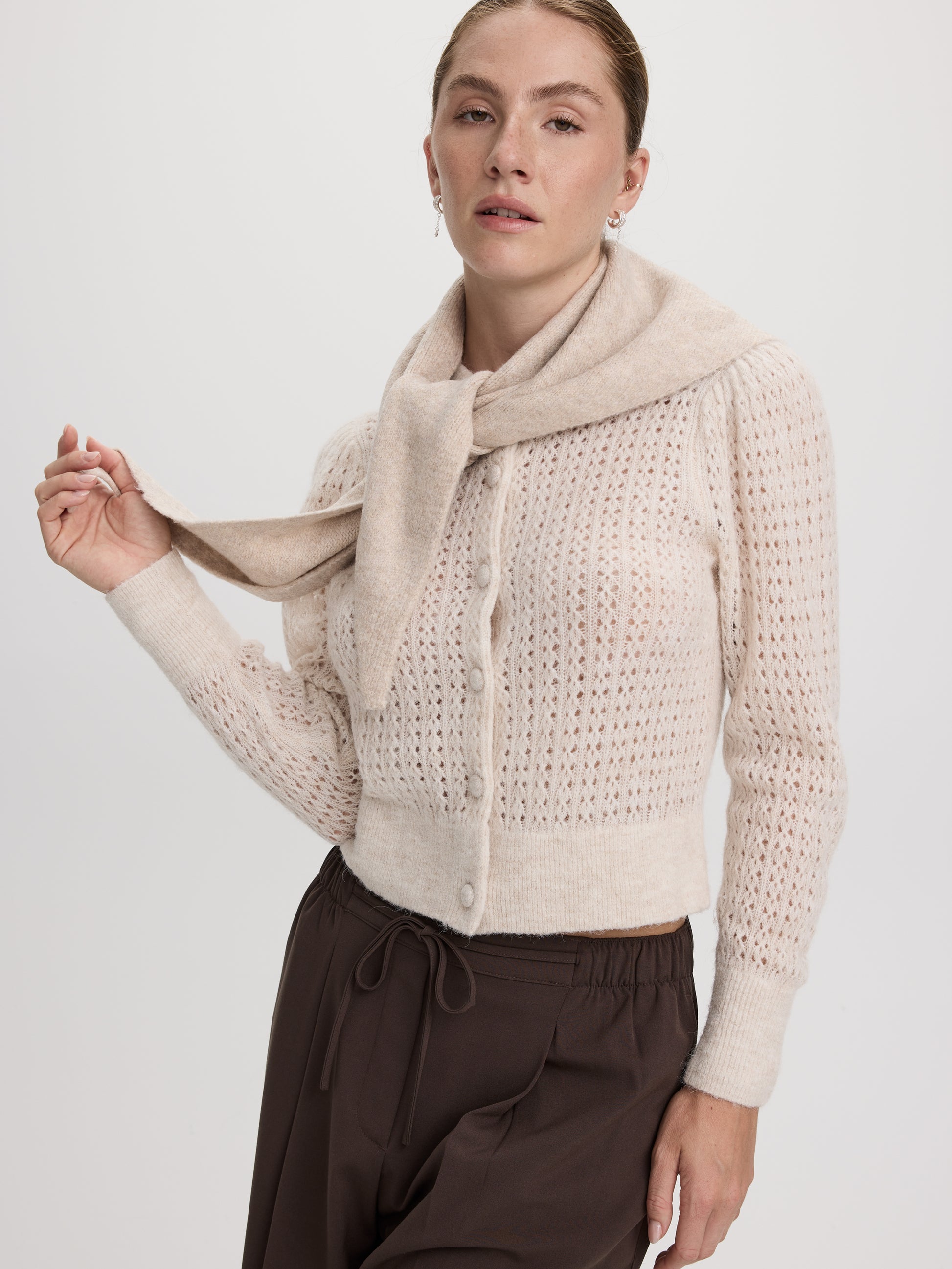 Long-Sleeve Crew-Neck Cardigan with Open Stitches