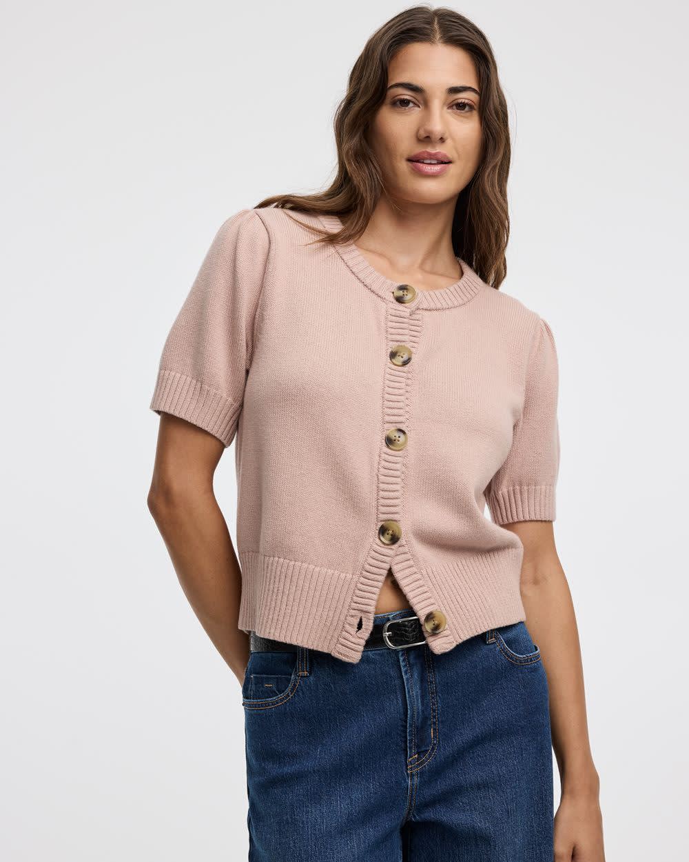Short-Balloon-Sleeve Crew-Neck Cardigan