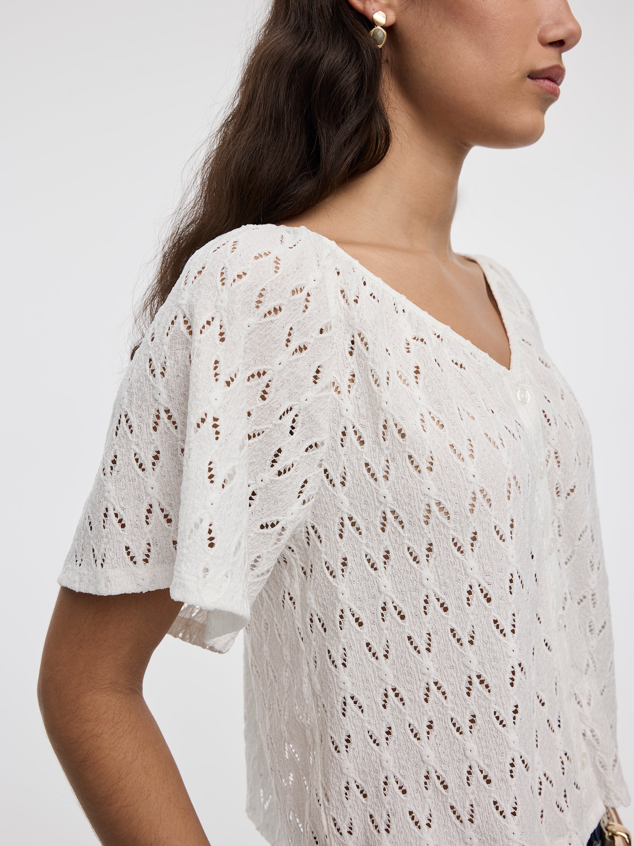 Short-Flutter-Sleeve V-Neck Buttoned-Down Blouse