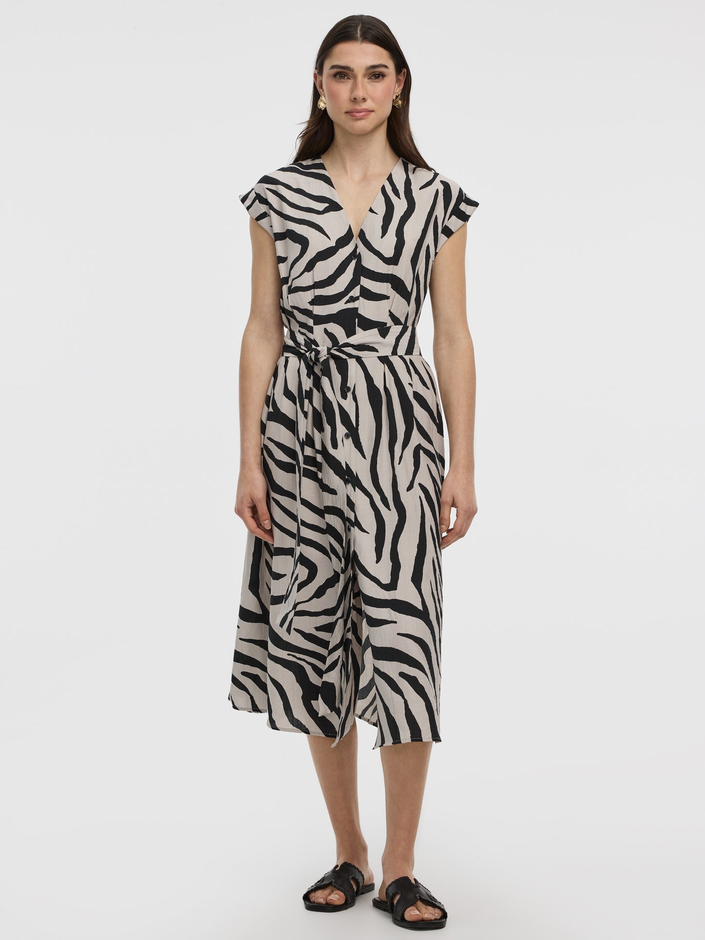 Extended-Sleeve V-Neck Belted Dress