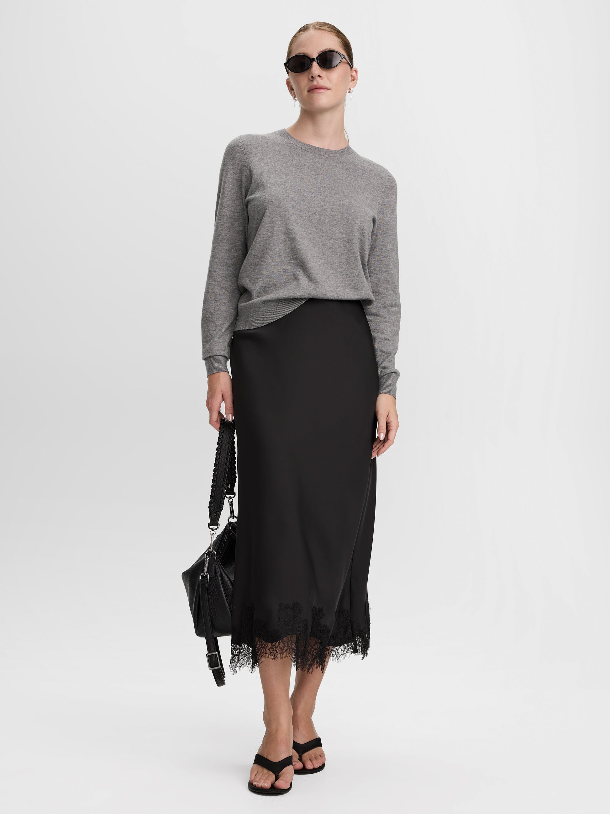 Satin Midi Skirt with Lace Trim