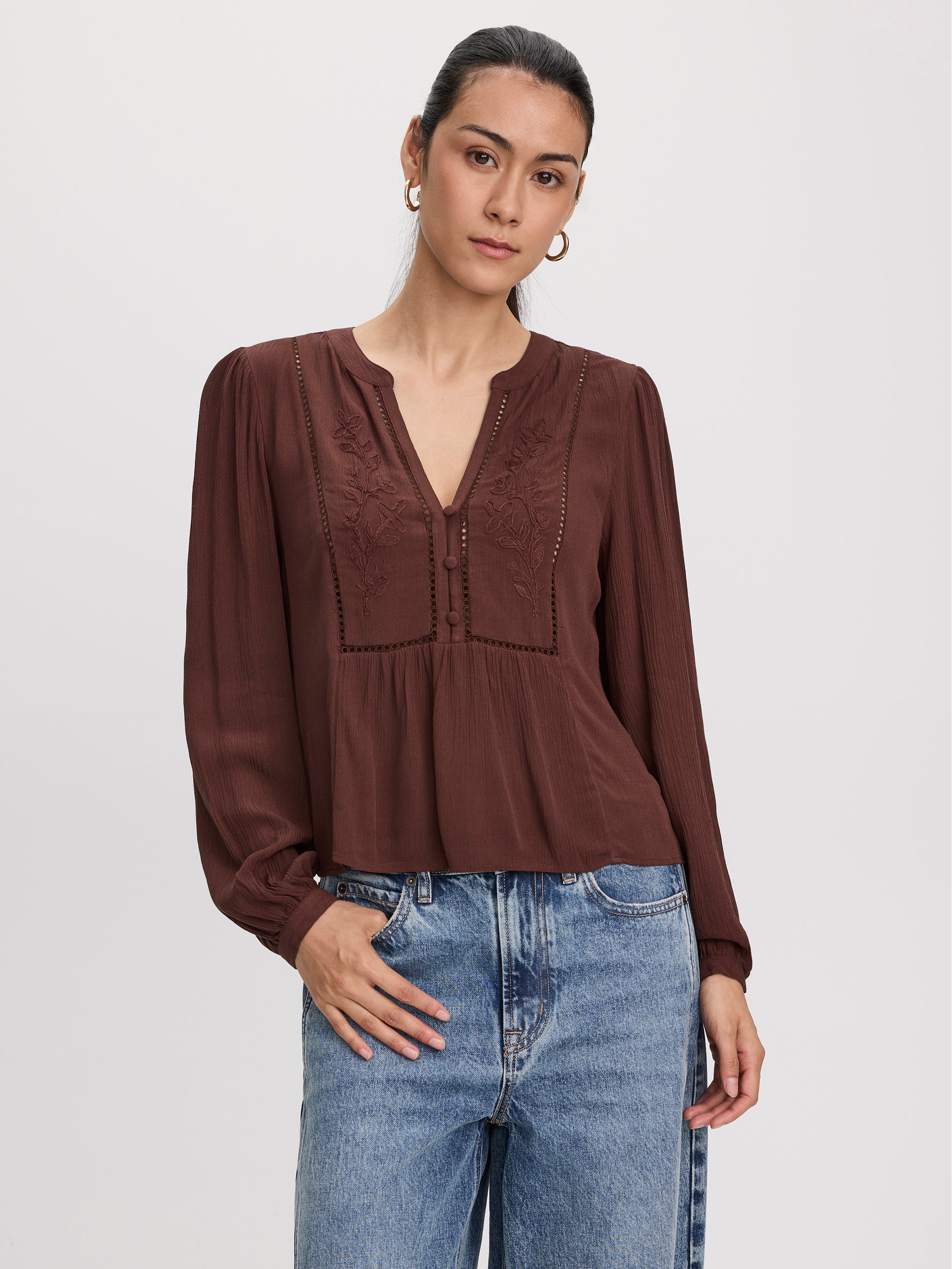 Long-Sleeve Split-Neck Blouse with Embroideries