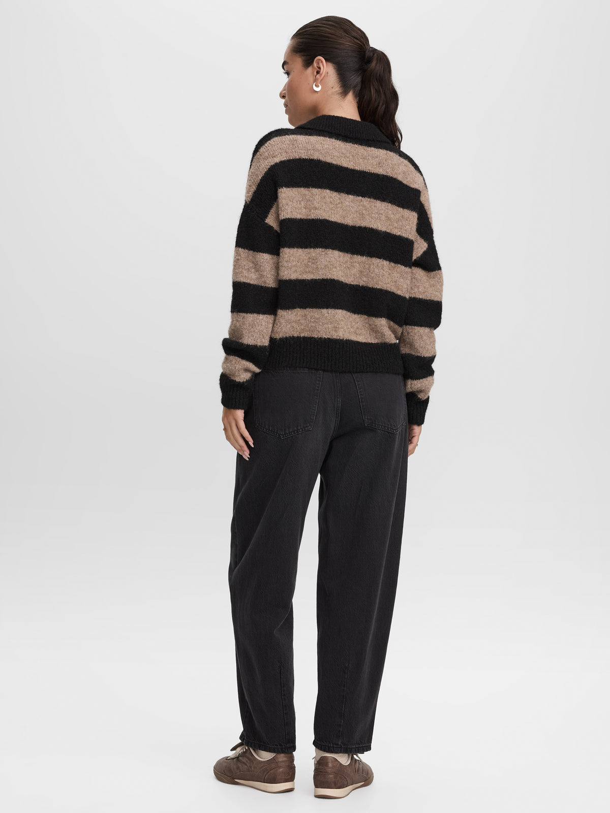 Striped Long-Sleeve Boxy Sweater with Johnny Collar
