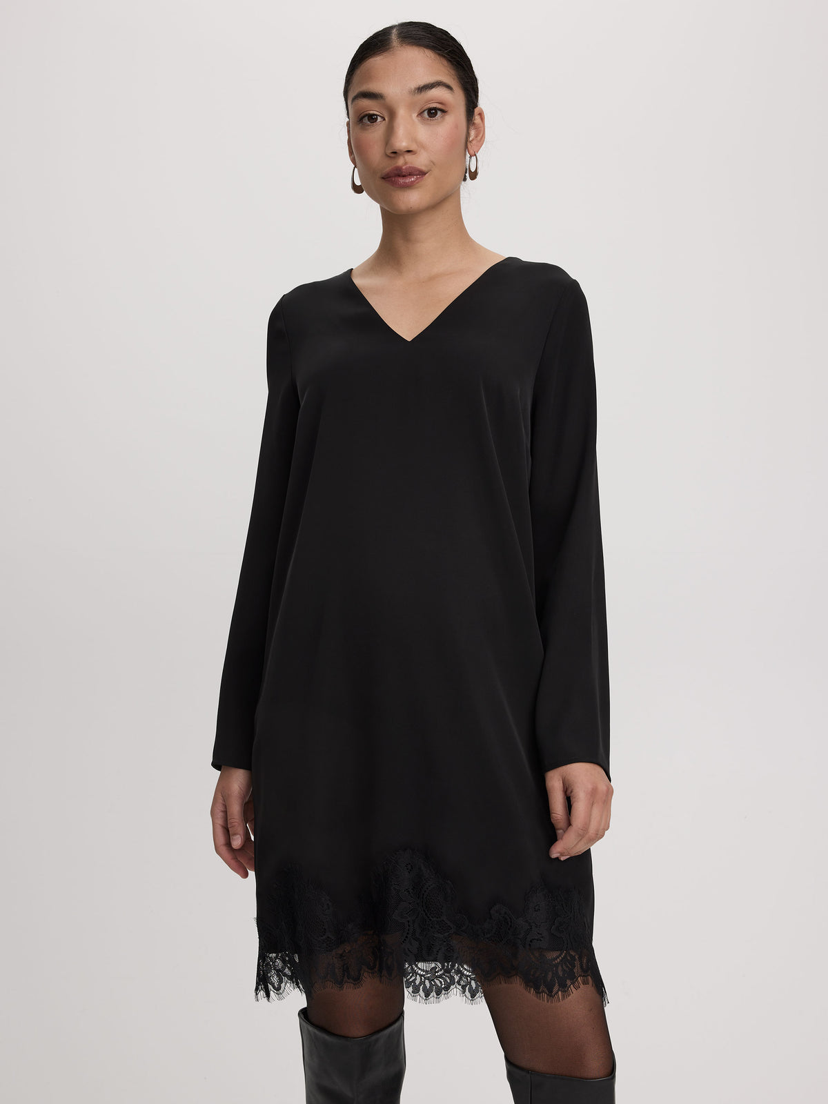 Long-Sleeve V-Neck Shift Dress with Lace Trim