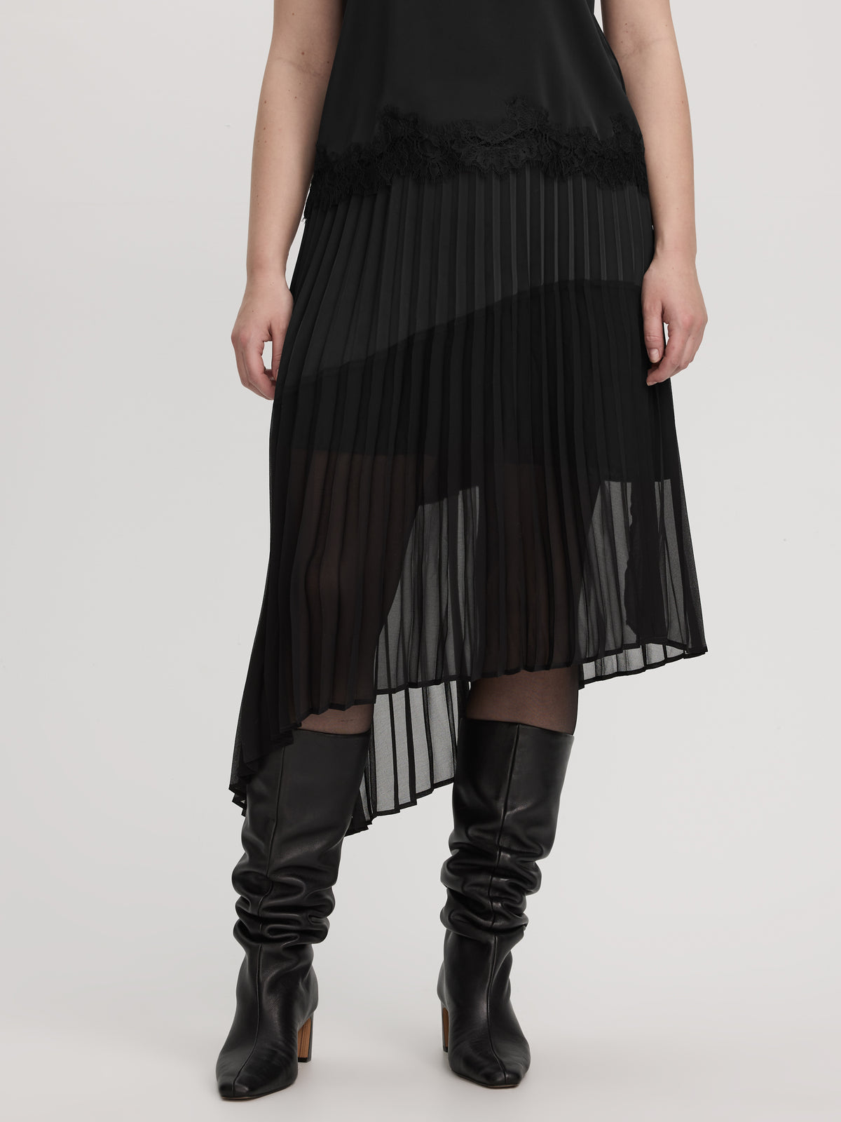 Pleated Midi Skirt with Asymmetrical Hem