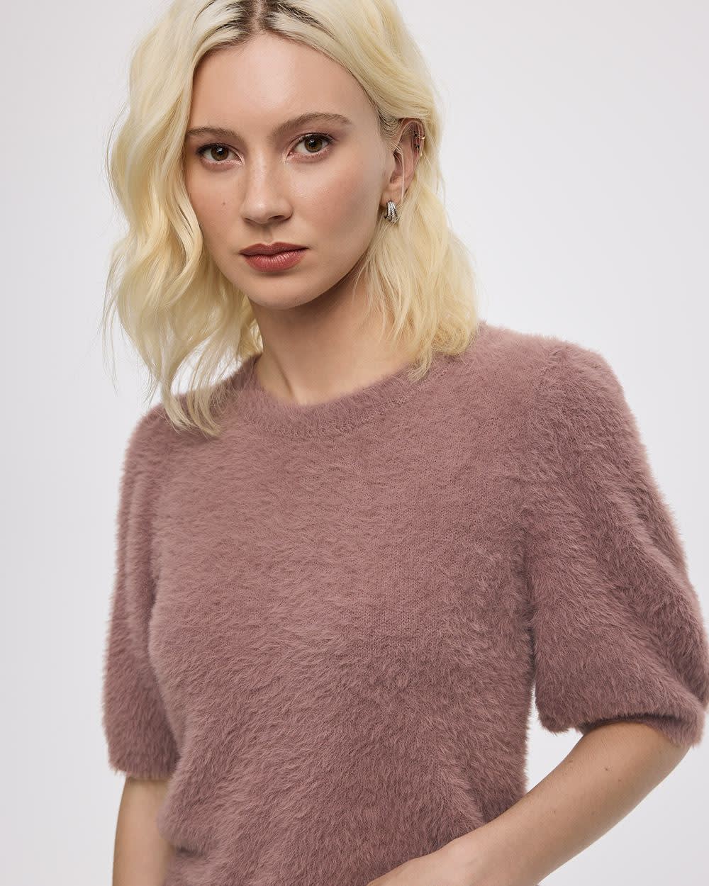 Short-Sleeve Crew-Neck Feather-Yarn Pullover
