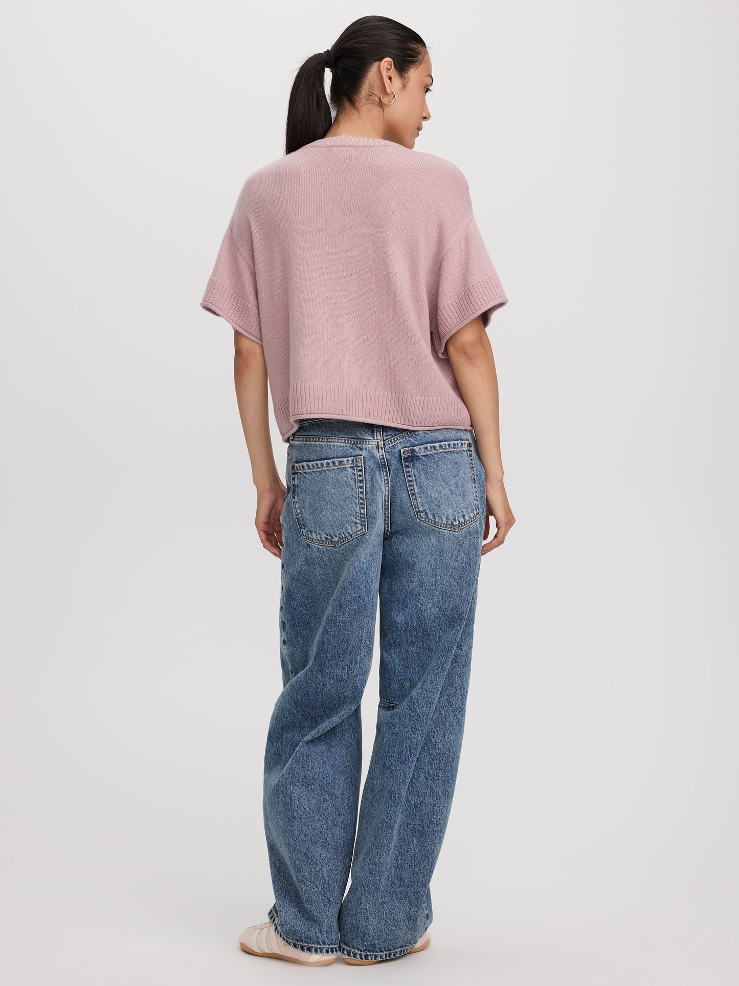 Cashmere-Blend Short-Sleeve Crew-Neck Loose Sweater