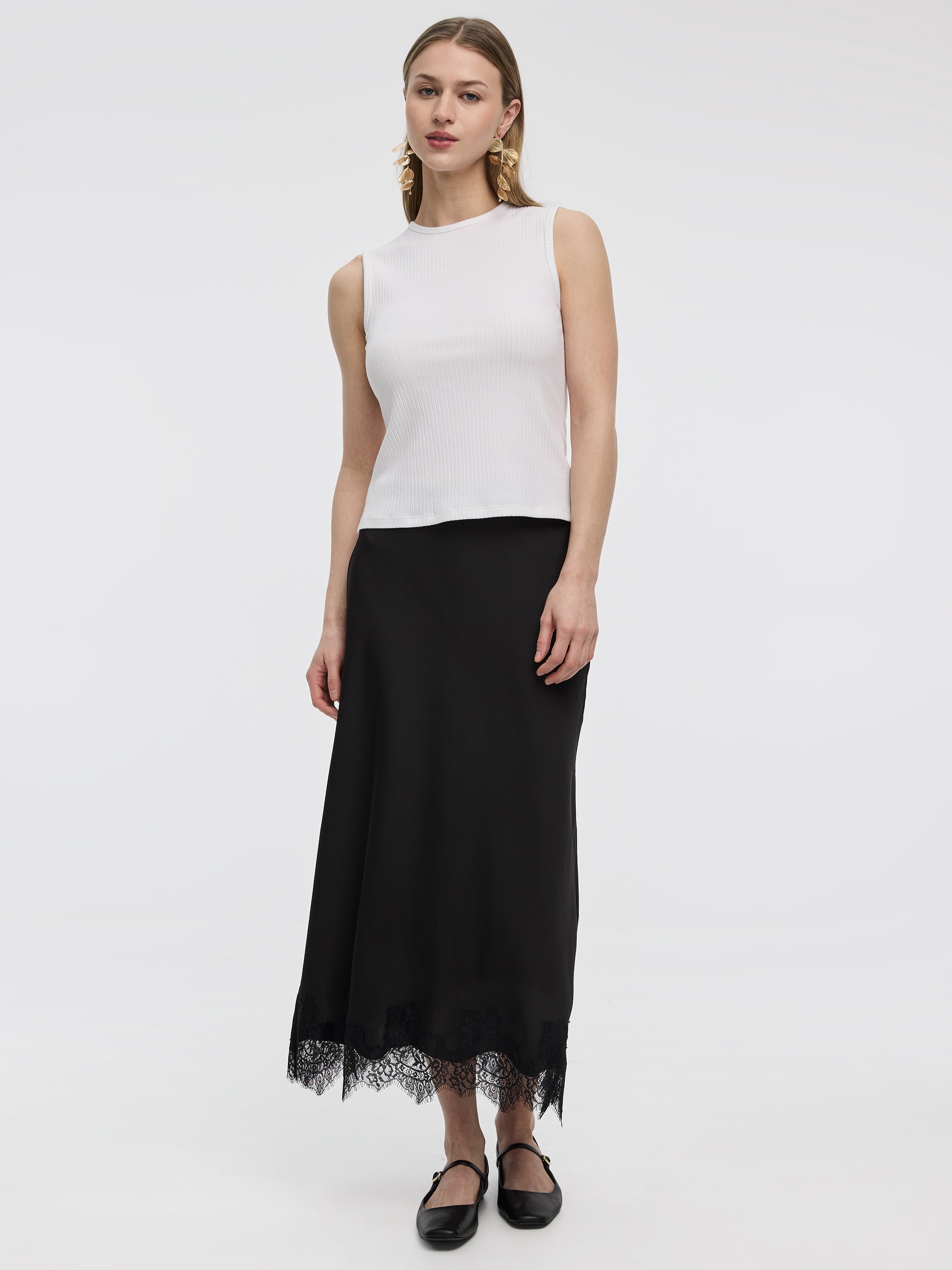 Satin A-Line Midi Skirt with Lace Trim