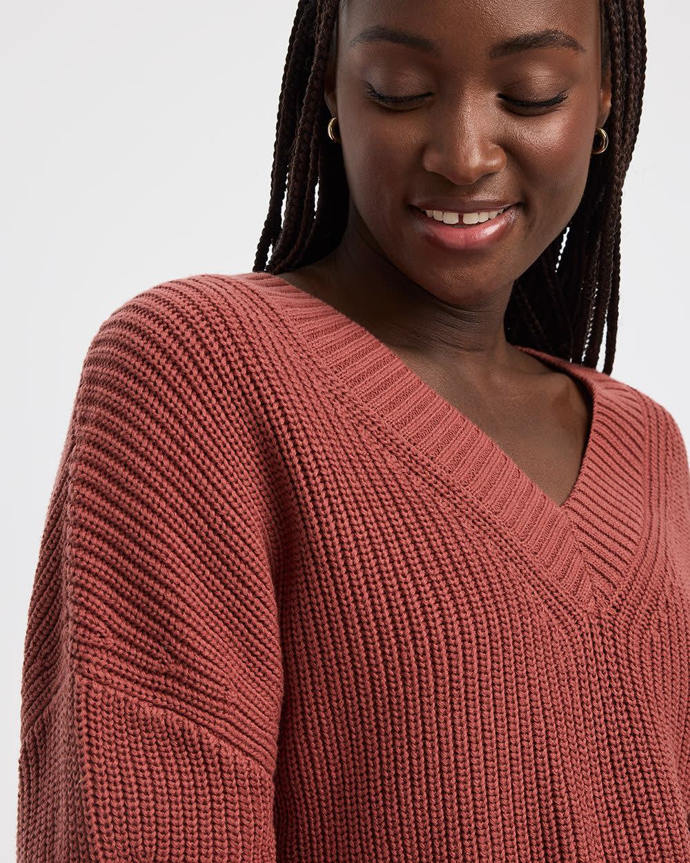 Long-Sleeve V-Neck Loose Sweater