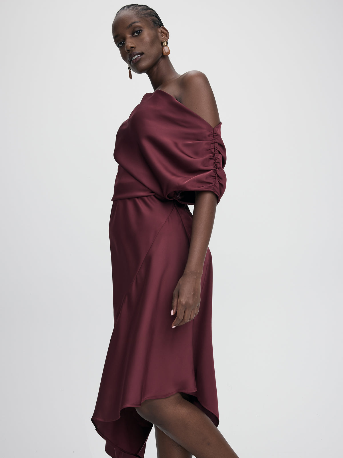 Satin Short-Sleeve Midi Dress with Asymmetrical Neckline