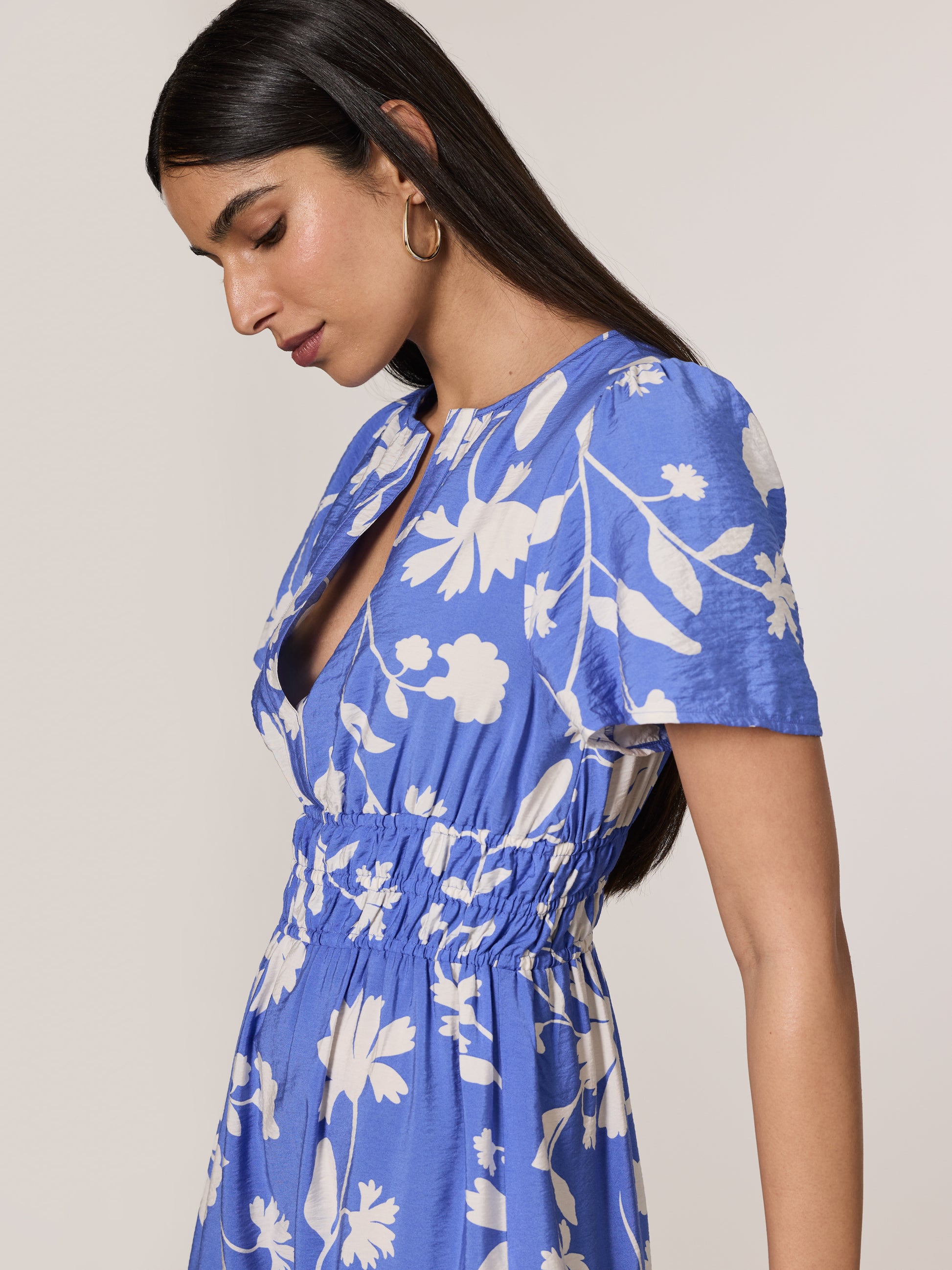 women's short maxi dresses Women's Short-Sleeve Split-Neck Maxi Dress with Smocked Waist