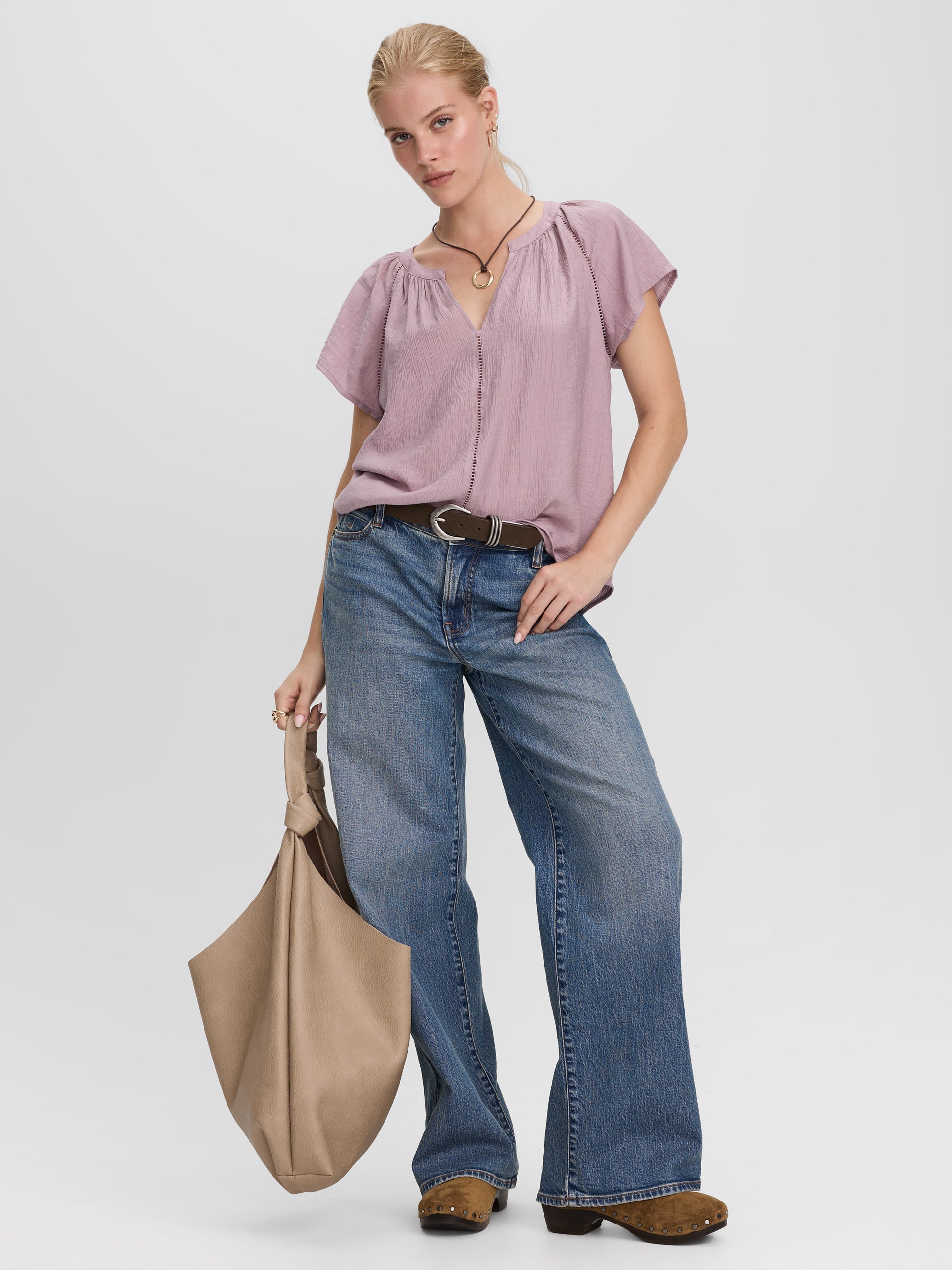 Split-Neck Blouse with Flutter Sleeves