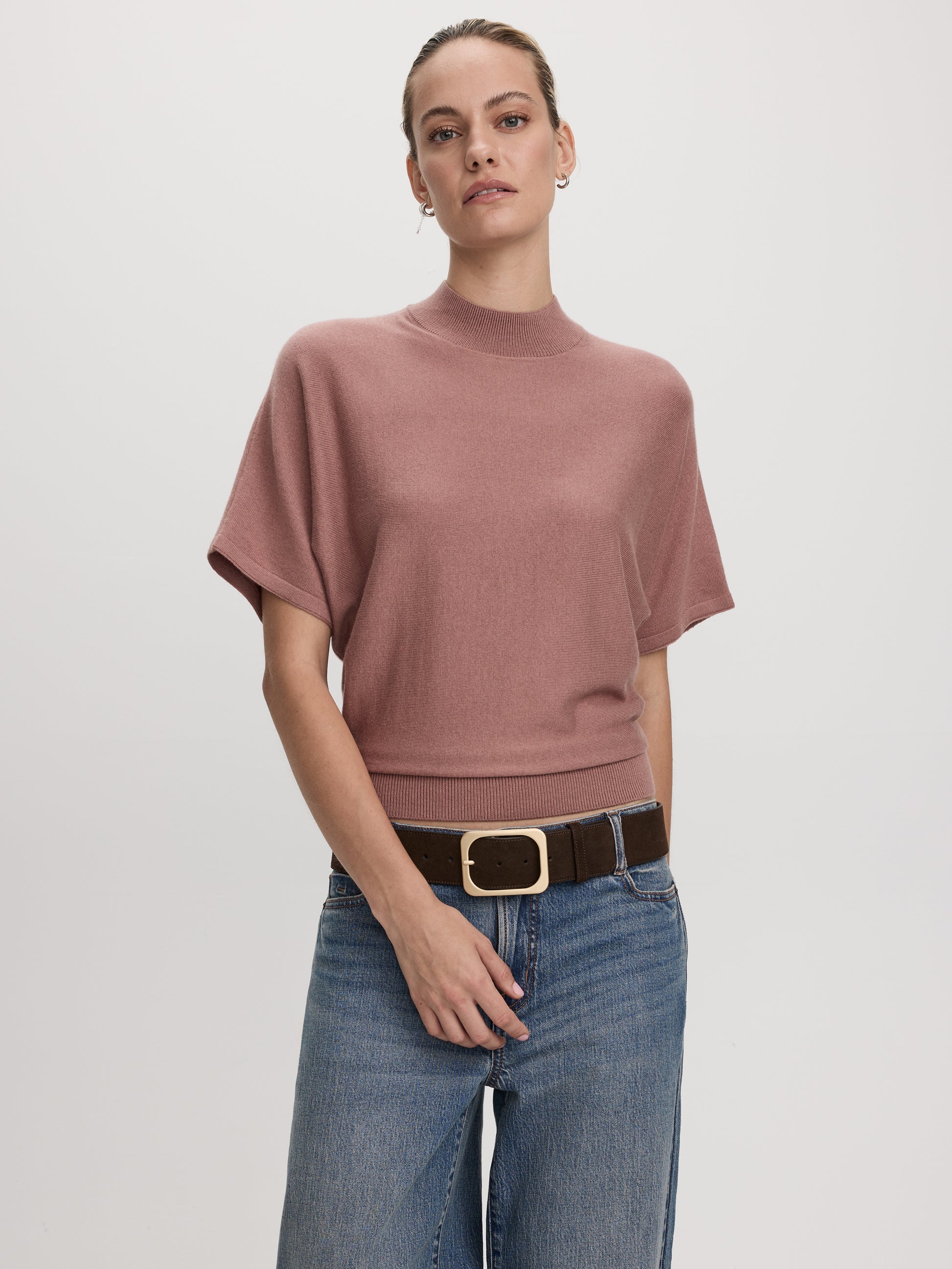 Merino-Blend Short-Sleeve Mock-Neck Sweater