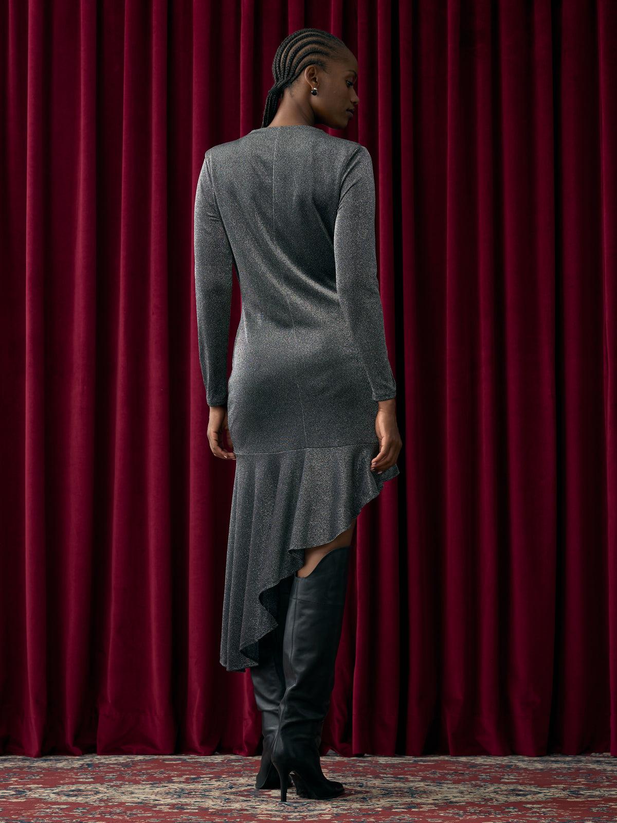 Long-Sleeve Midi Bodycon Dress with Metallic Fibres