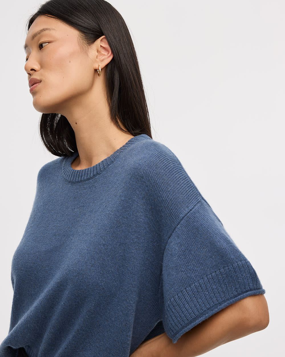 Cashmere-Blend Short-Sleeve Crew-Neck Loose Sweater