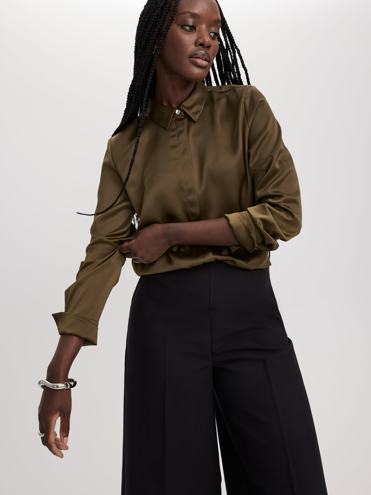 Long-Sleeve Loose Satin Blouse