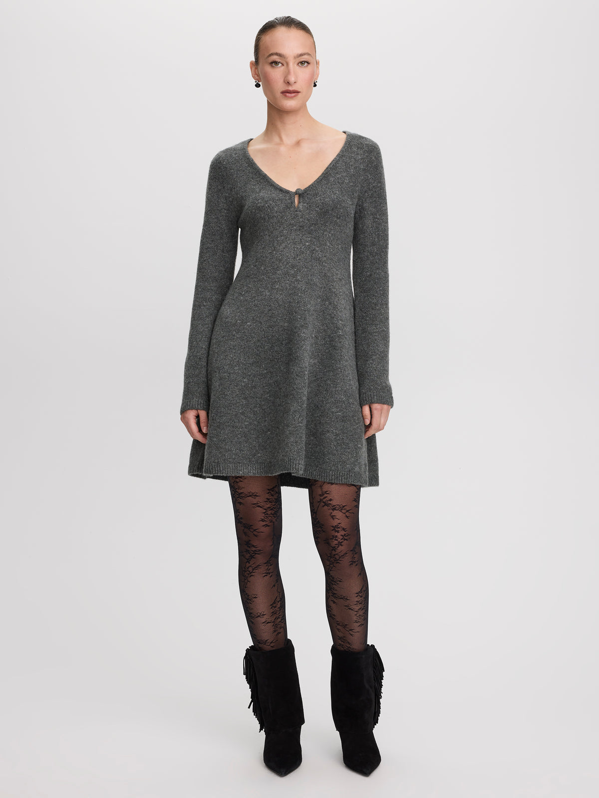Long-Sleeve V-Neck Mini Dress