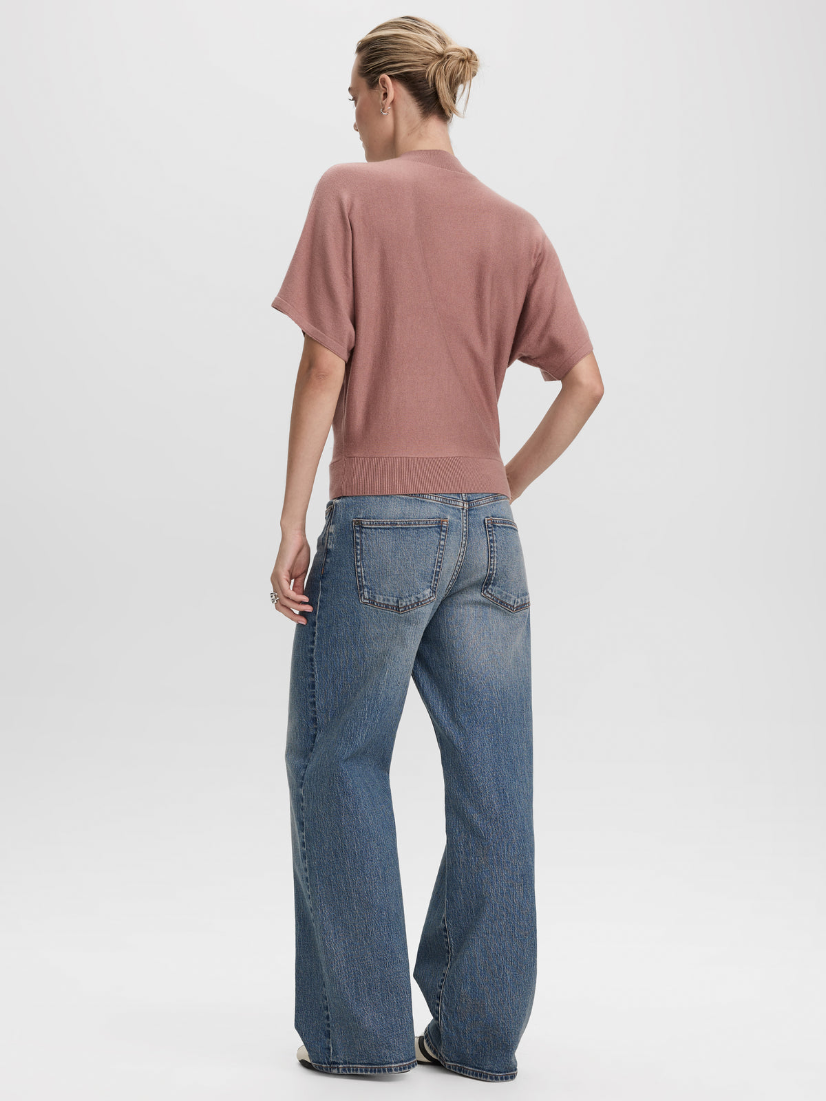 Merino-Blend Short-Sleeve Mock-Neck Sweater