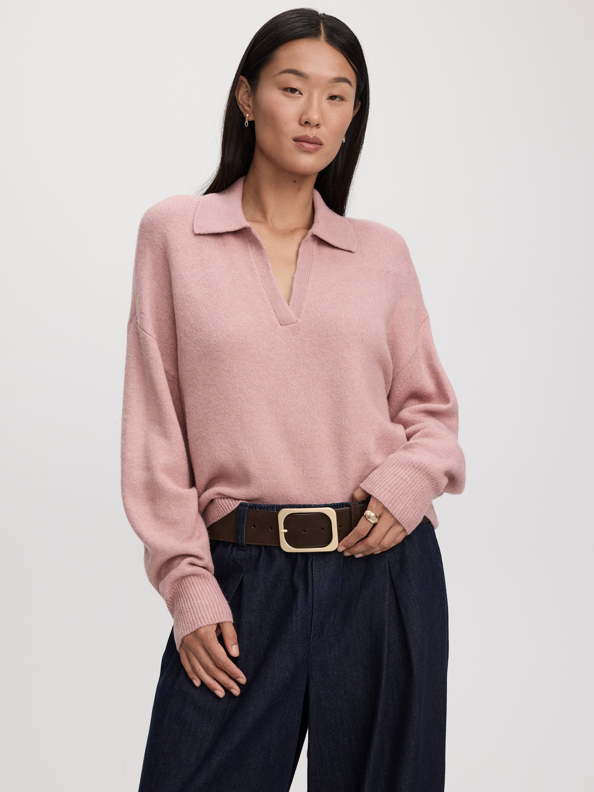 Long-Sleeve Boxy Sweater with Johnny Collar