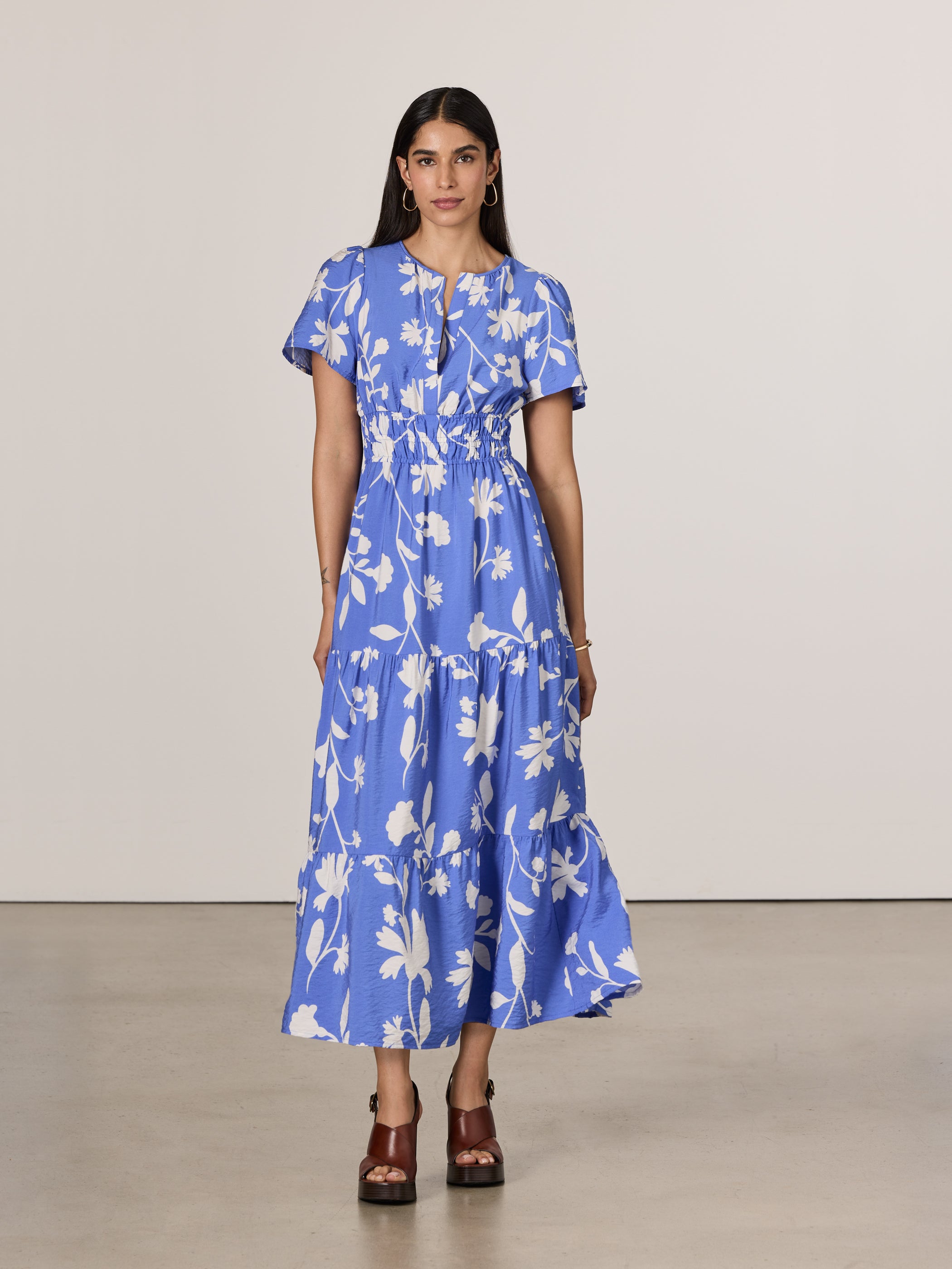 Short-Sleeve Split-Neck Maxi Dress