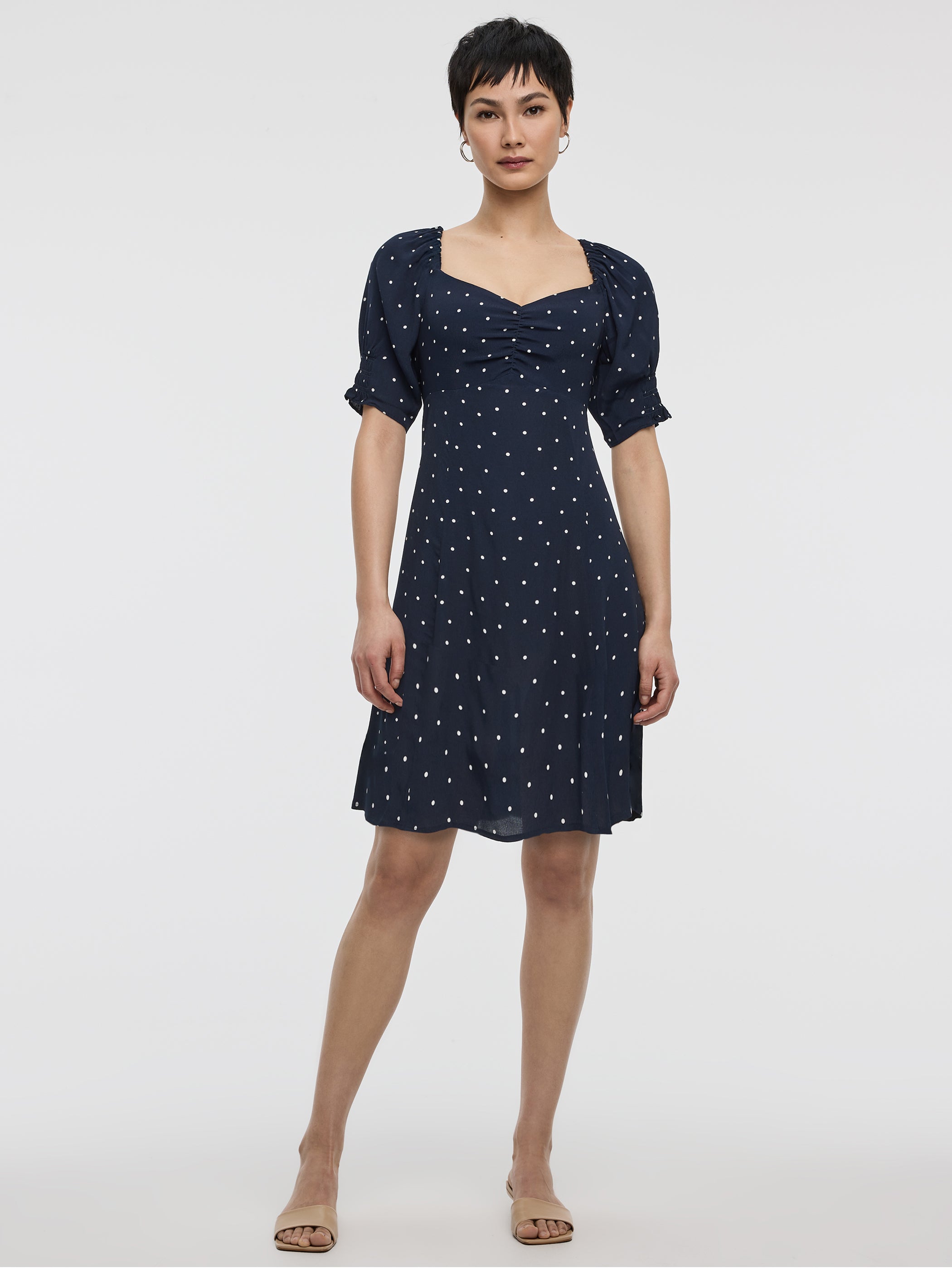 Short-Puffy-Sleeve Empire-Cut Dress with Sweetheart Neckline