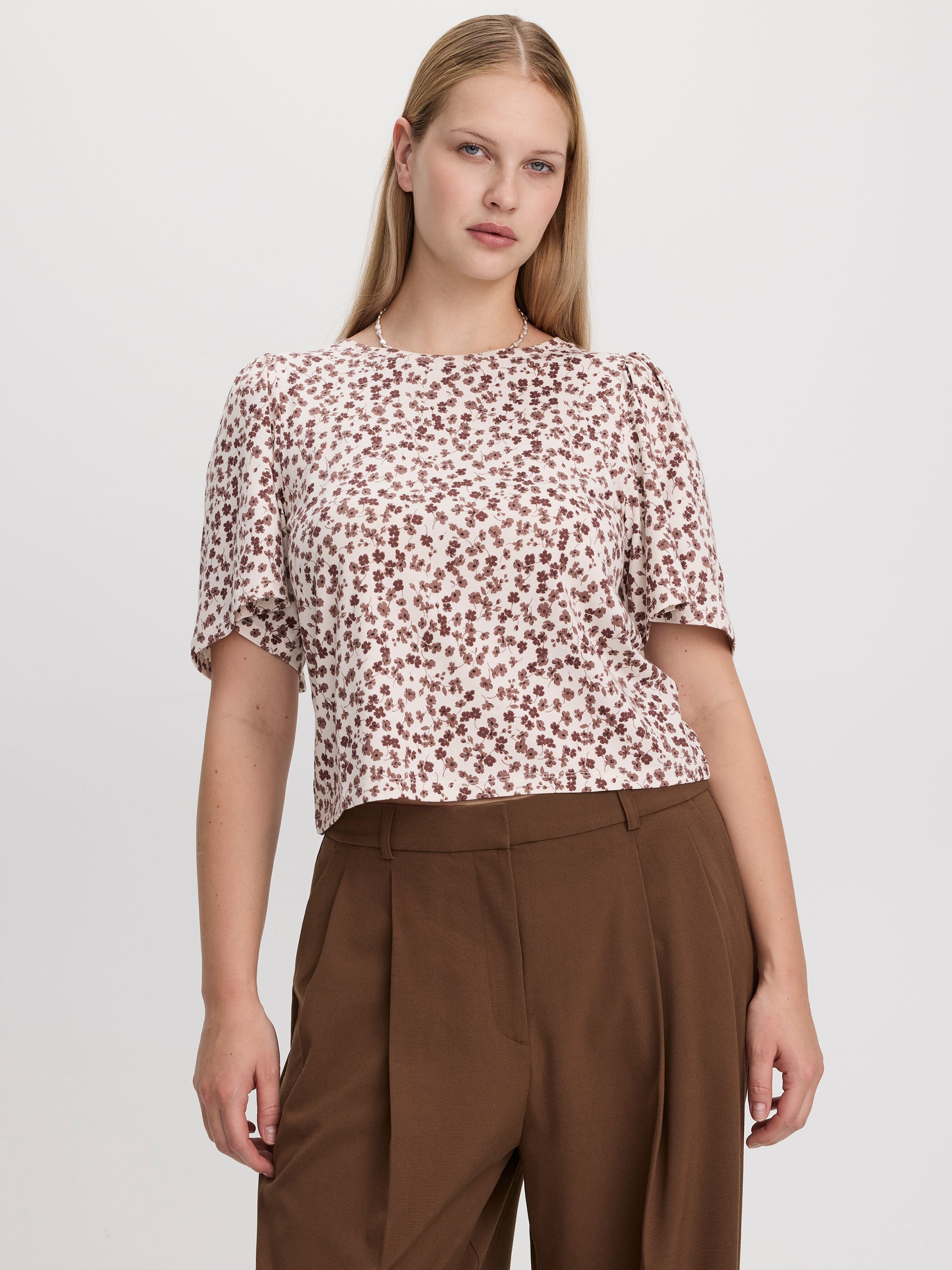 Crew-Neck Top with Short Flutter Sleeves