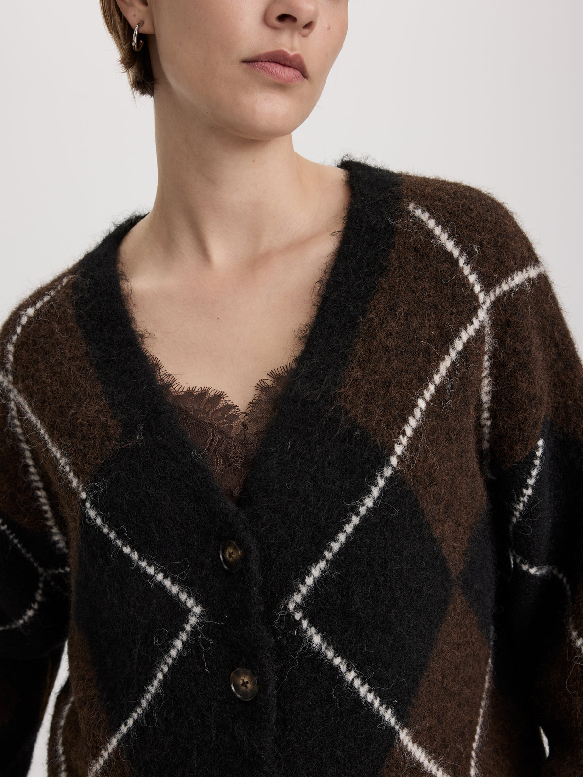 Long-Sleeve V-Neck Loose Intarsia Cardigan