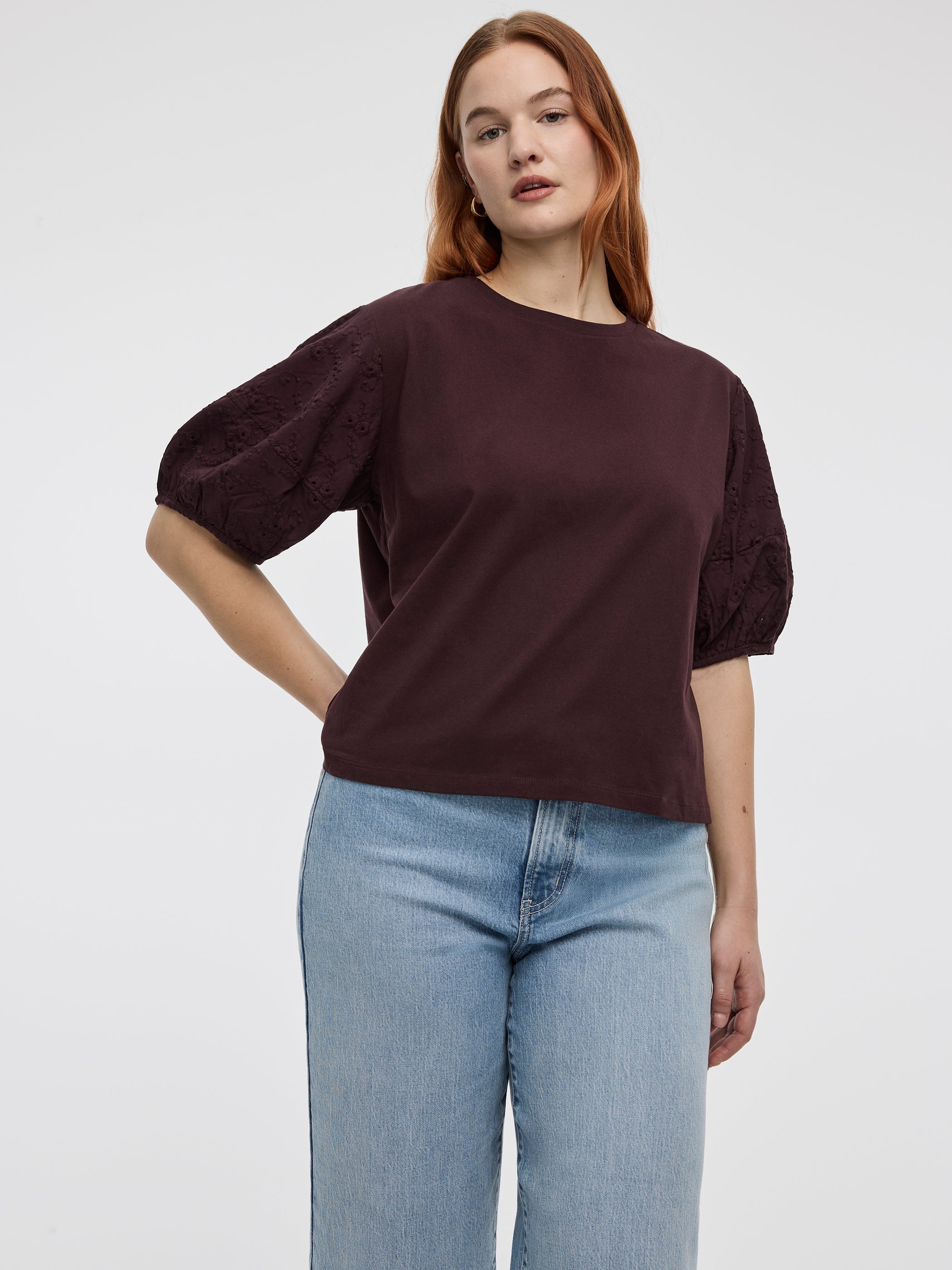 Crew-Neck Mix-Media Top with Short Puffy Sleeves