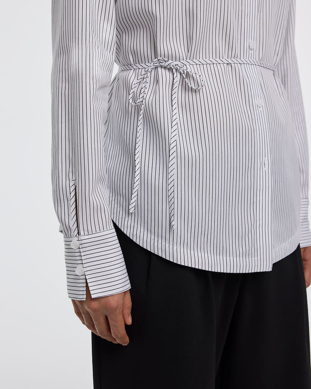 Striped Long-Sleeve Poplin Shirt with Self-Tie Sash