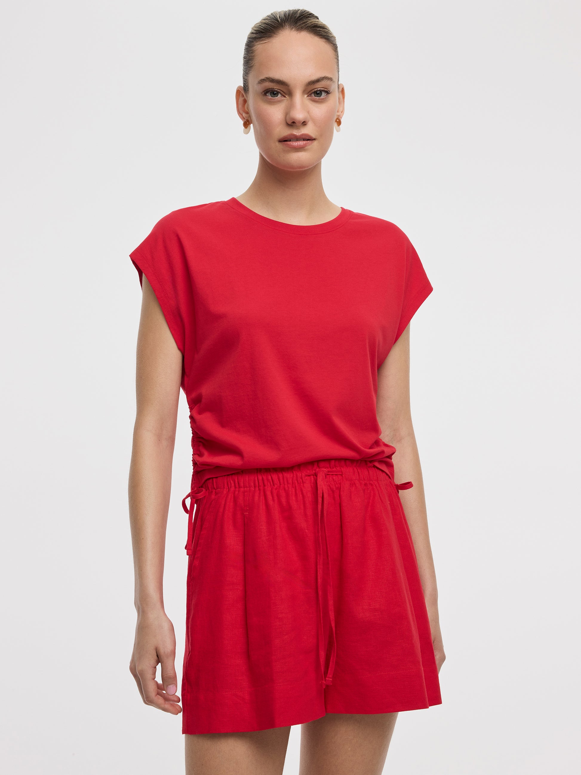 Extended-Sleeve Shirred Tee with Drawstrings