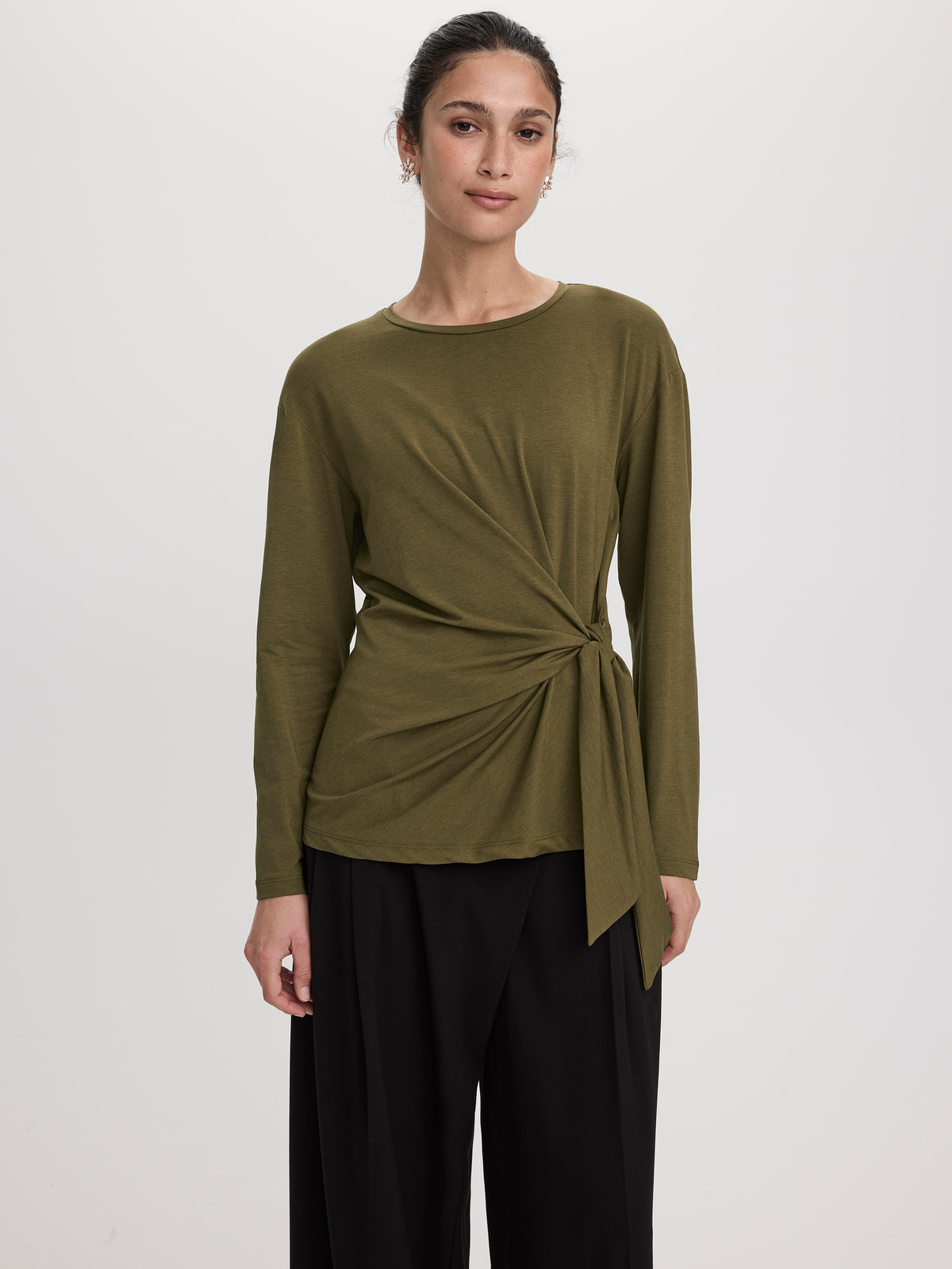 Long-Sleeve Top with Tie at Waist