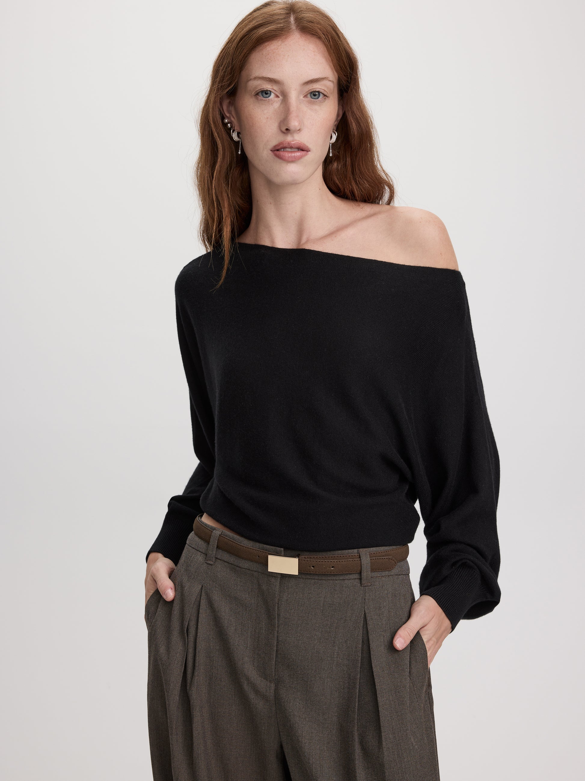 Merino-Blend Long-Sleeve Off-the-Shoulder Sweater