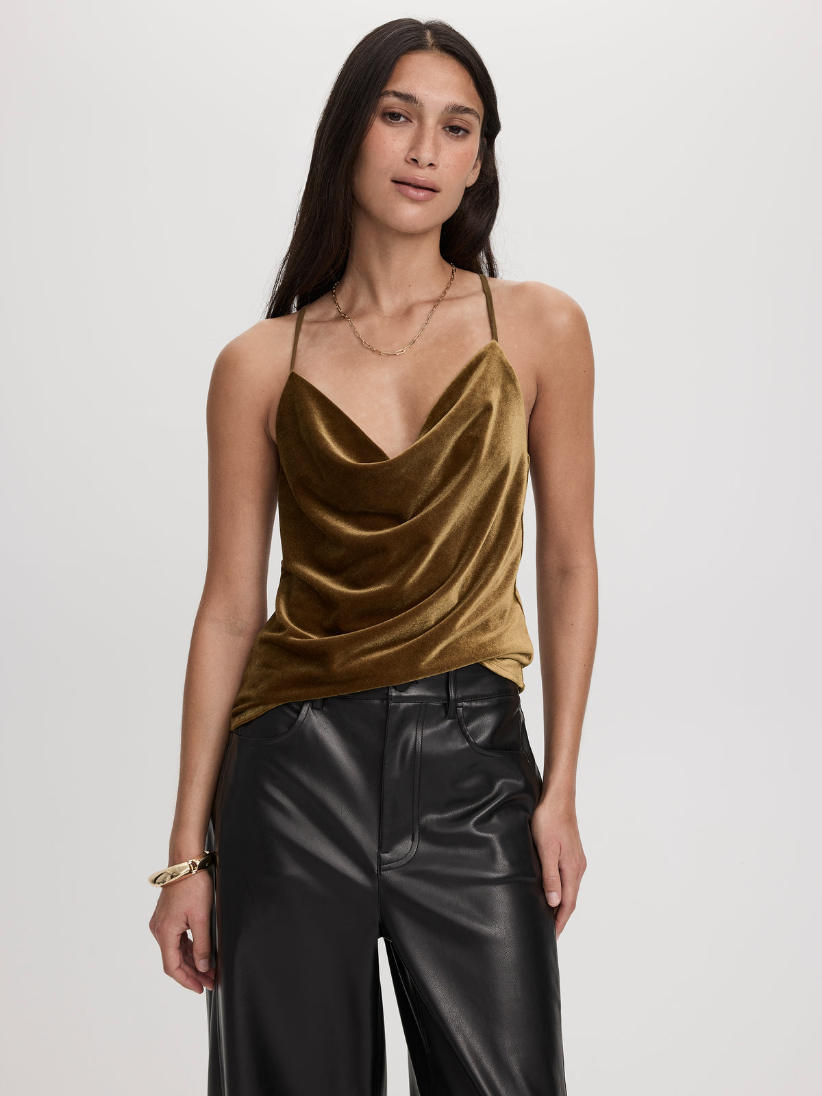 Sleeveless Draped-Neck Velvet Tank Top