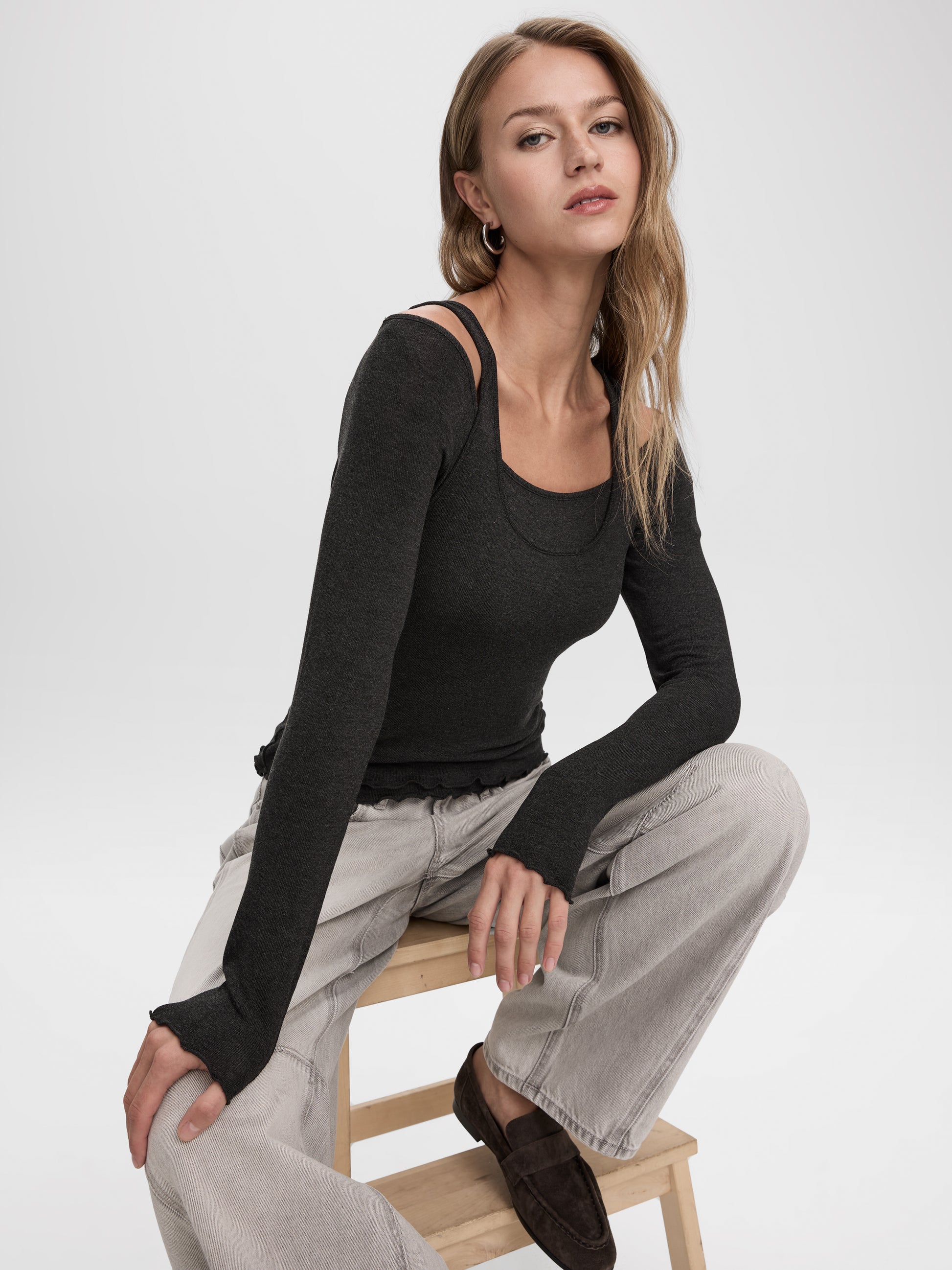 Long-Sleeve Off-the-Shoulder Top with Fooler Insert