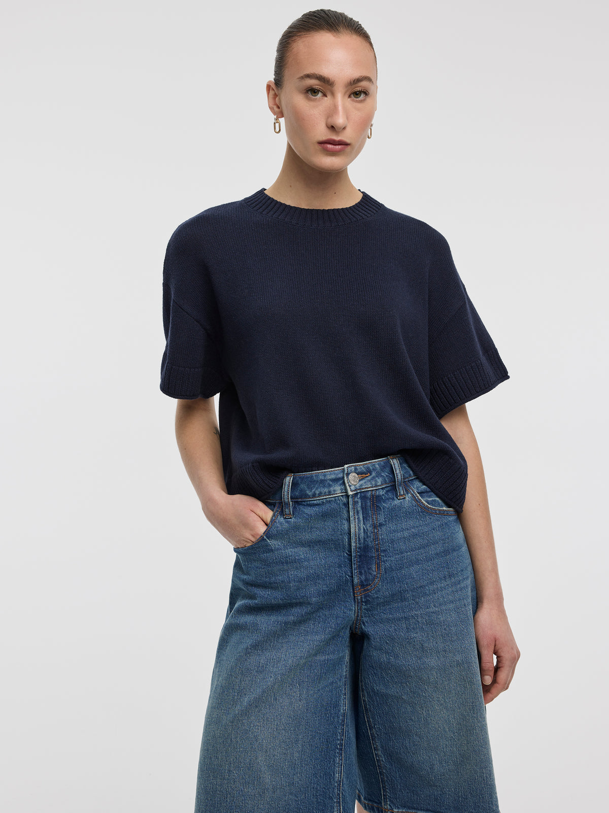 Short-Sleeve Crew-Neck Loose Sweater