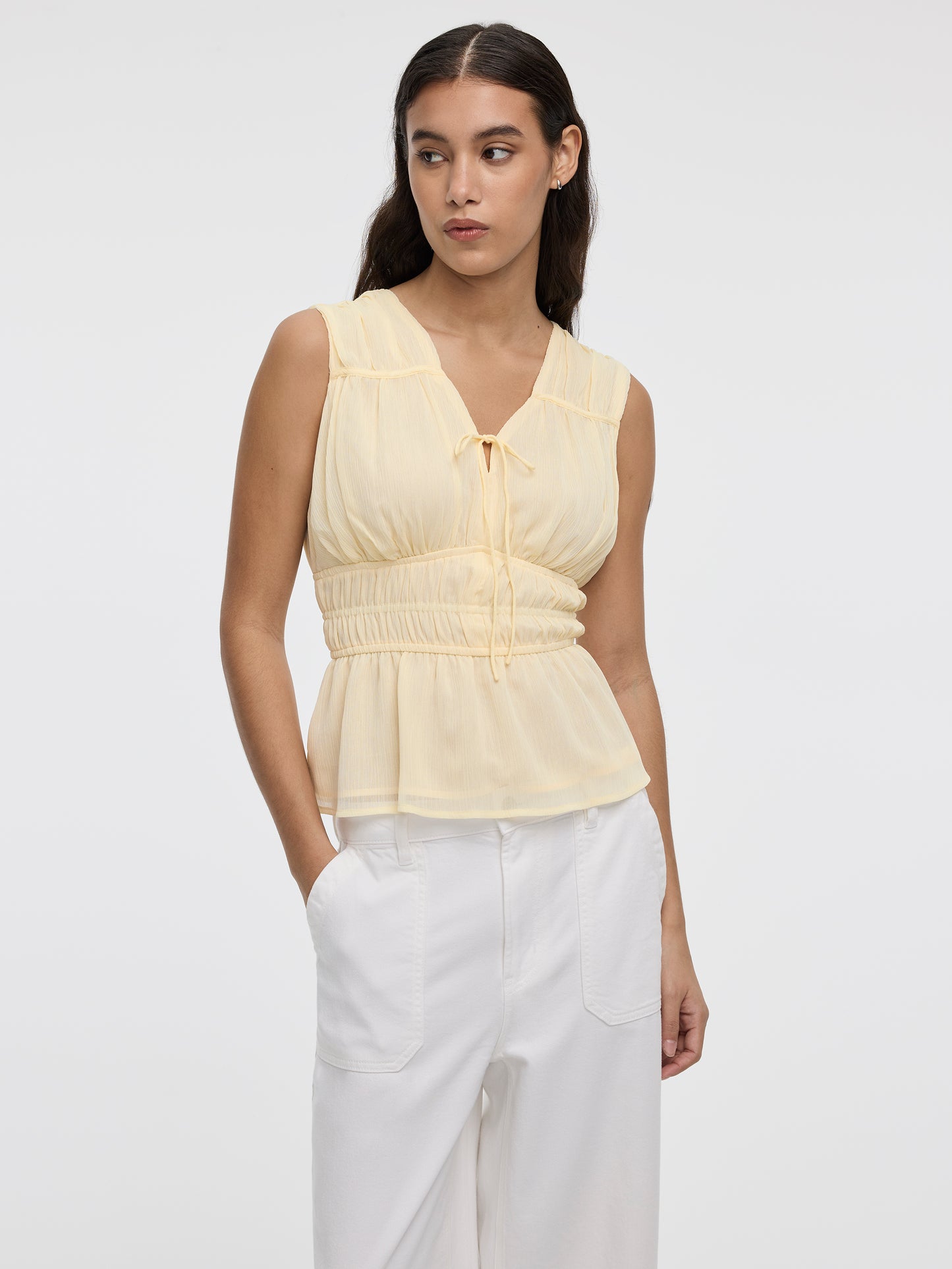 Sleeveless V-Neck Blouse with Smocked Waist