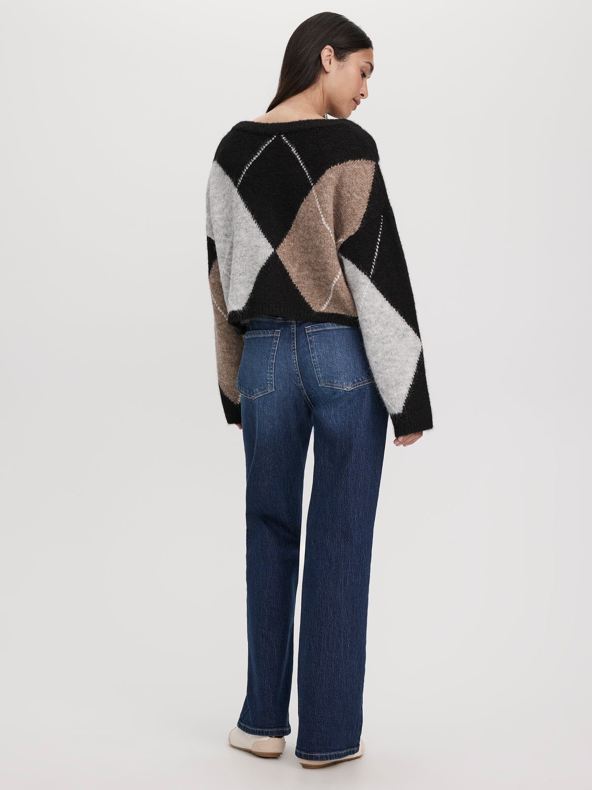 Long-Sleeve V-Neck Argyle Sweater