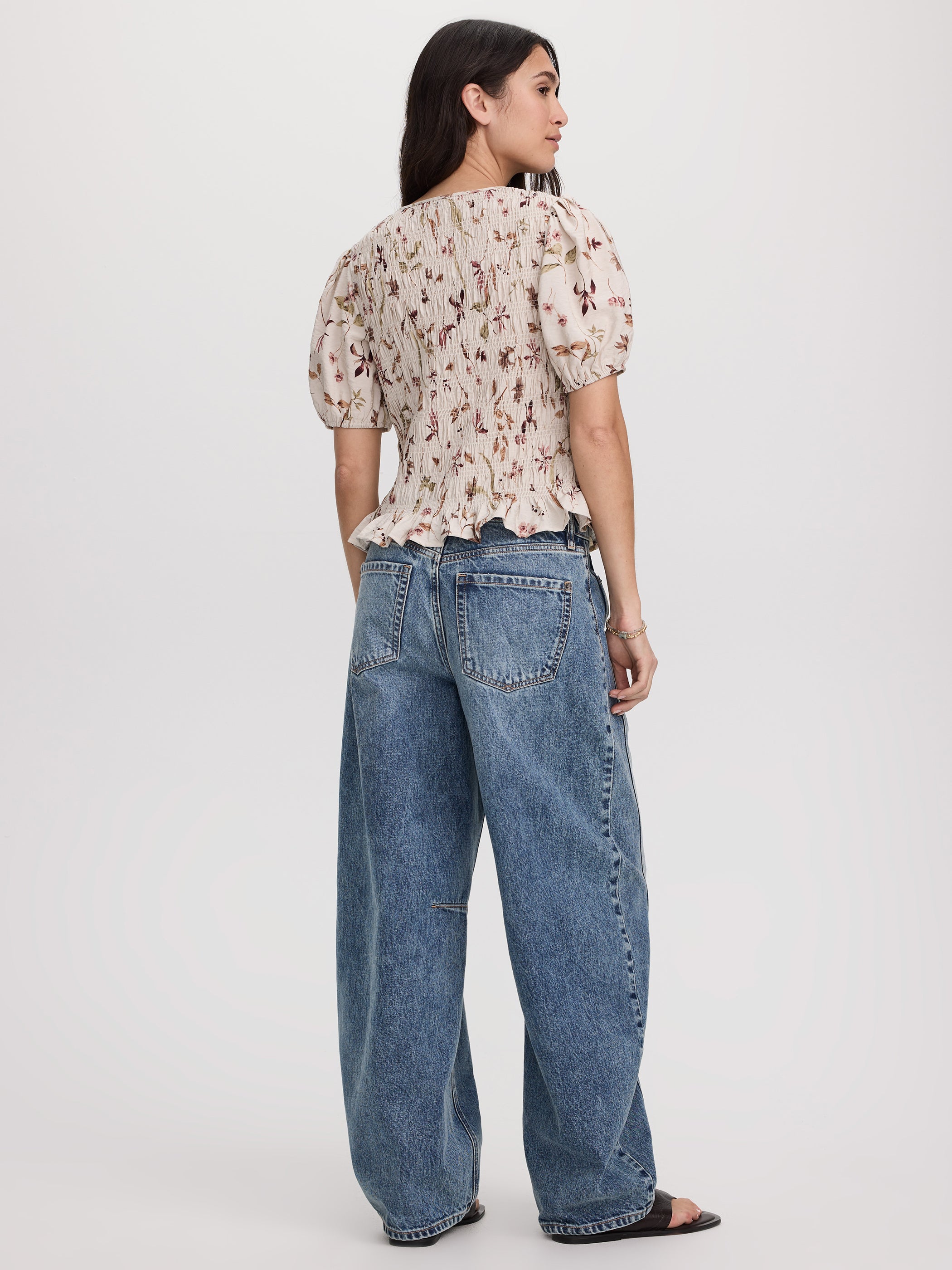 Smocked Blouse with Short Bubble Sleeves